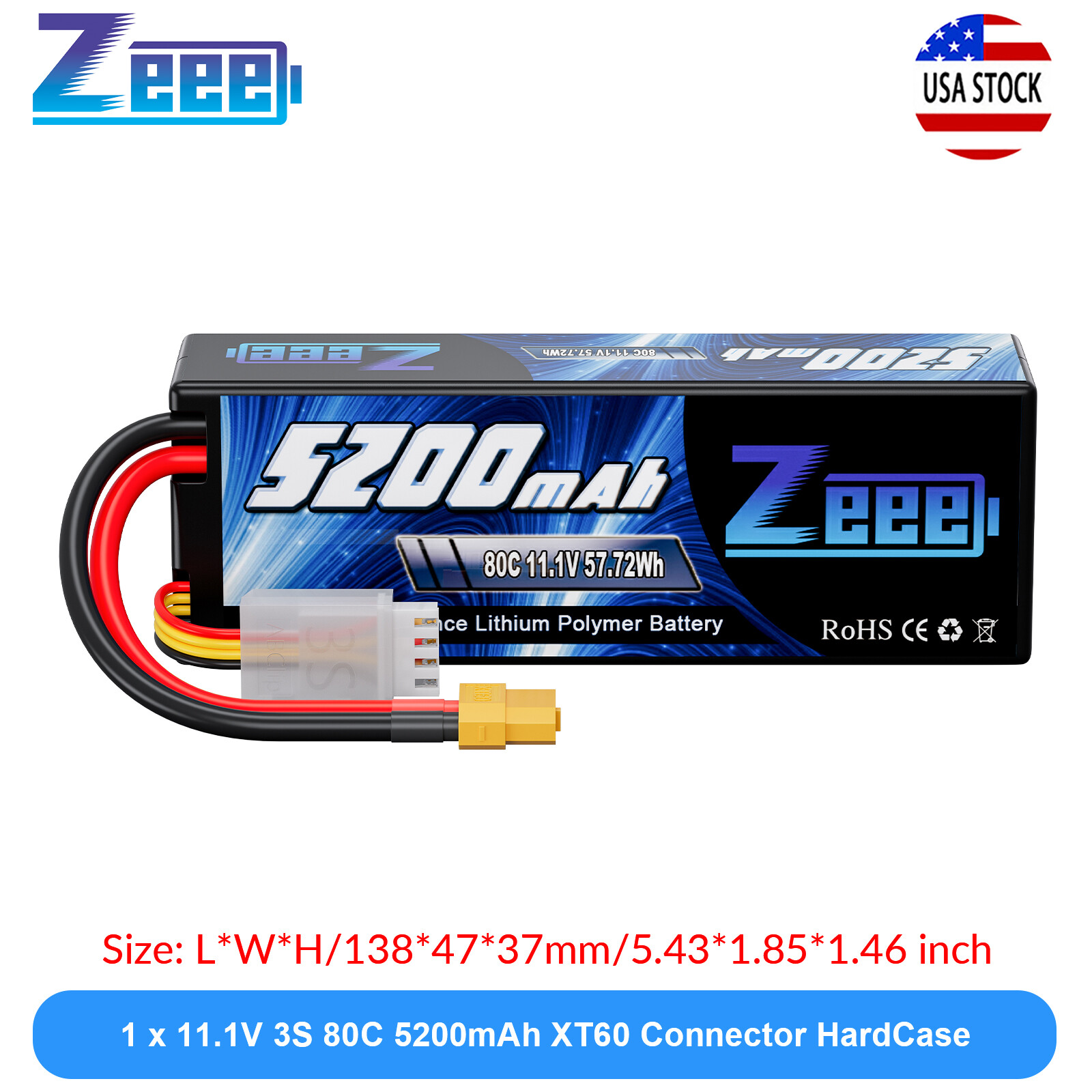 Zeee 11.1V 80C 5200mAh 3S LiPo Battery XT60 for RC Car Truck Boat Helicopter