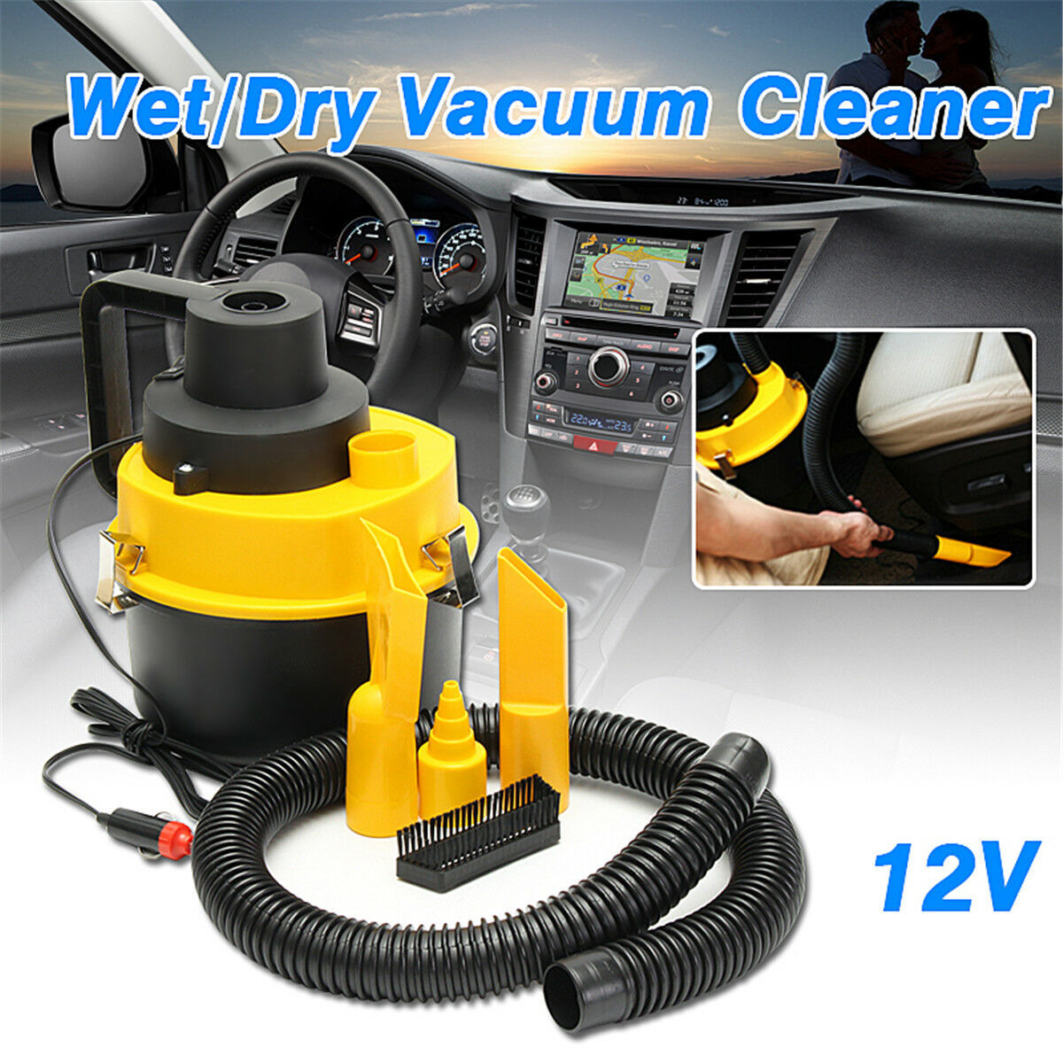 12V Wet Dry Vacuum Cleaner Portable Handheld Light Inflator Auto Car Van Caravan
