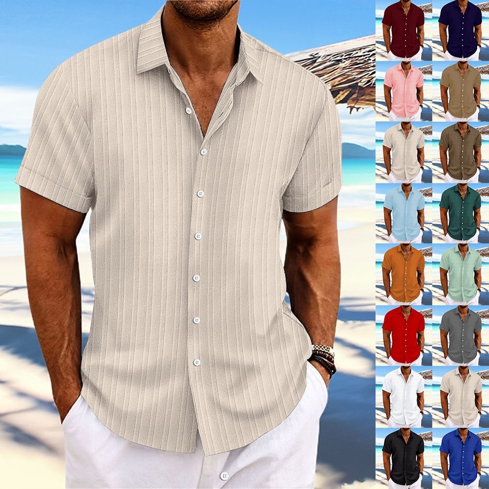 2025 Men Striped Button Down T Shirts Grandad Summer Short Sleeve Casual Tops
