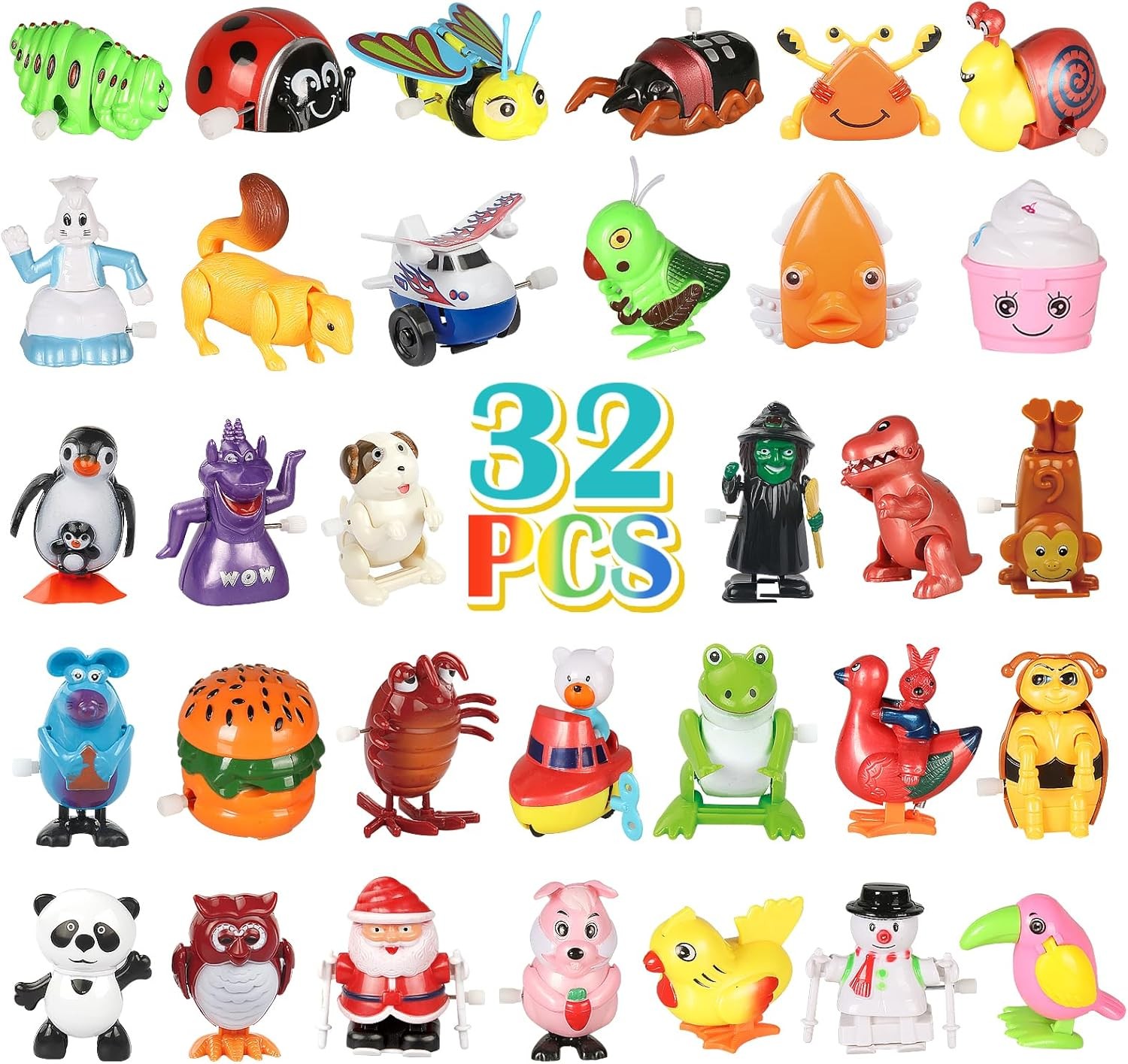 32 PCS Assorted Wind-up Toys for Kids, Bulk Windup Animals Walking Jumping Swimm