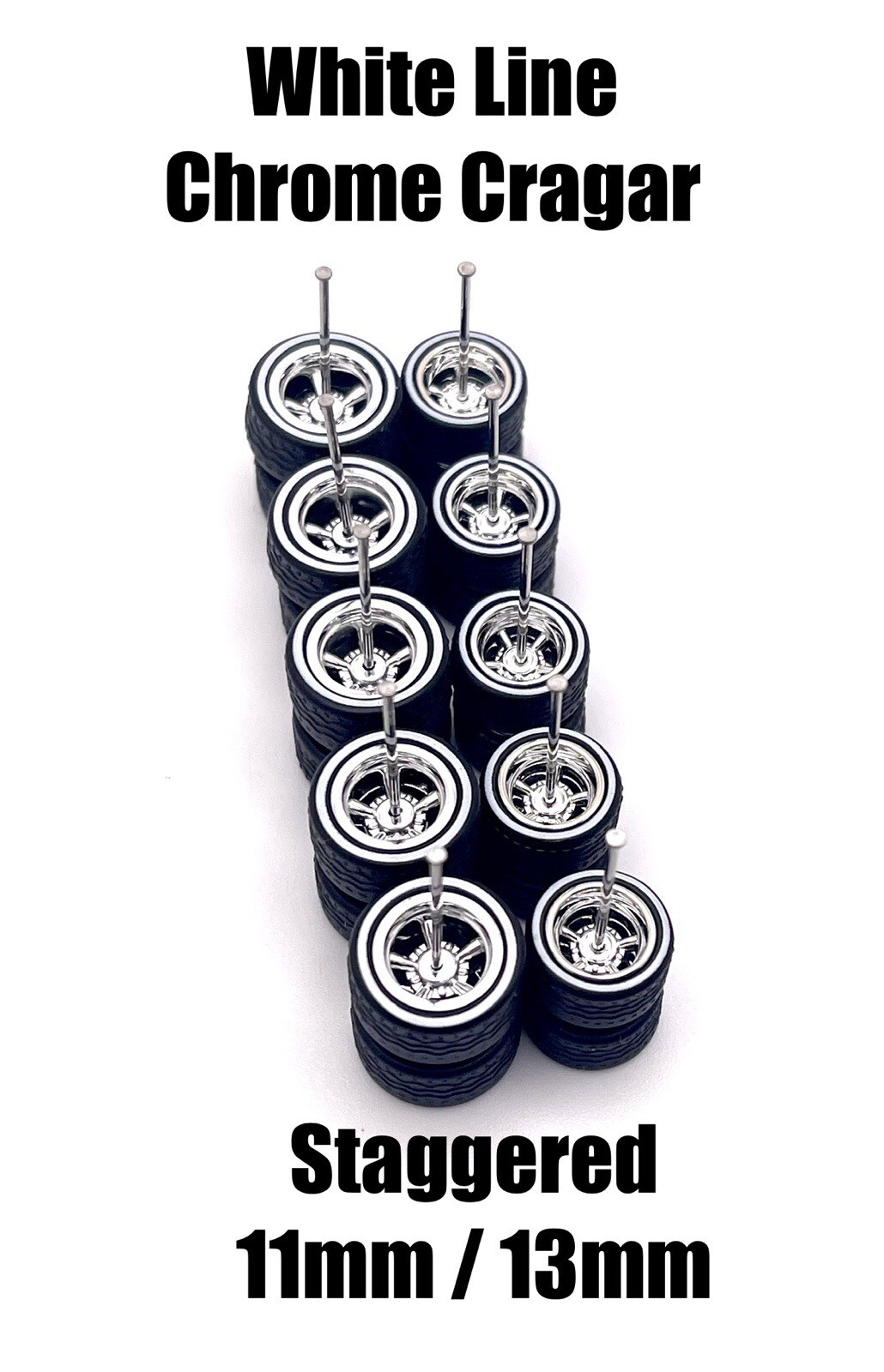 5x White Line Chrome Cragar 11/13mm Wheels w/ Rubber Tires for 1/64 H0T Wheelz