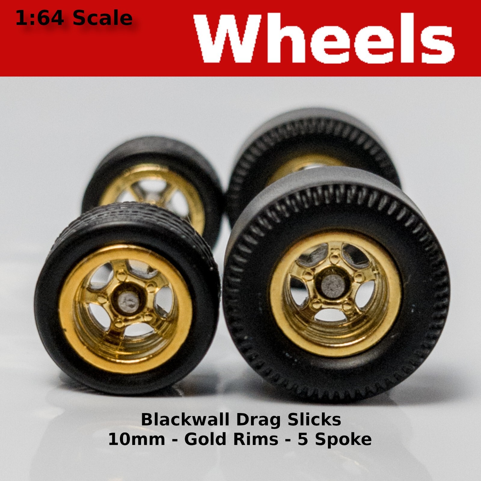 Muscle Car – Gold 5 spoke Blackwall Drag Slicks – 10mm/12mm for Hot Wheels