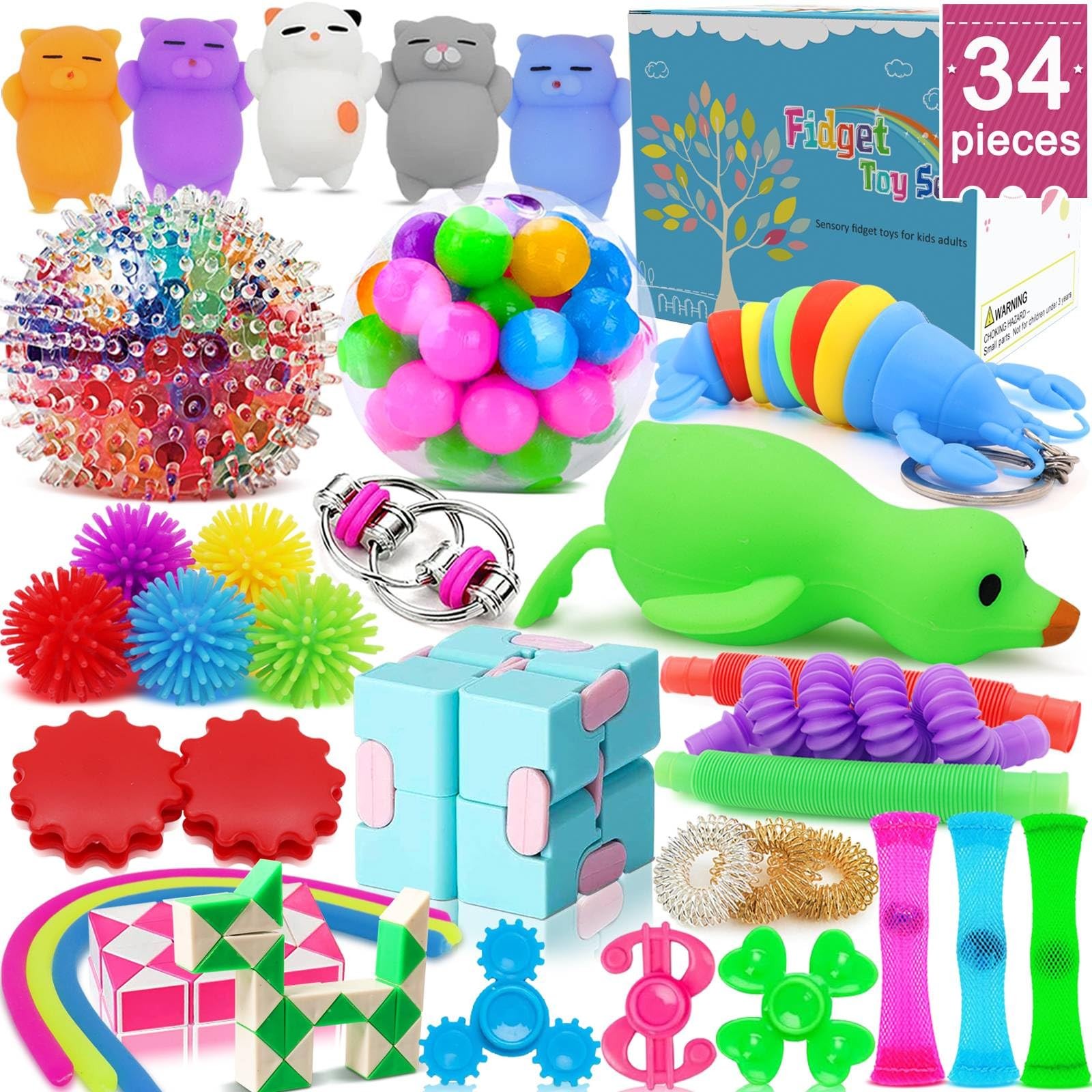 34 Pcs Fidget Toys, Stress Relief Sensory Toys for Large, Multicolor