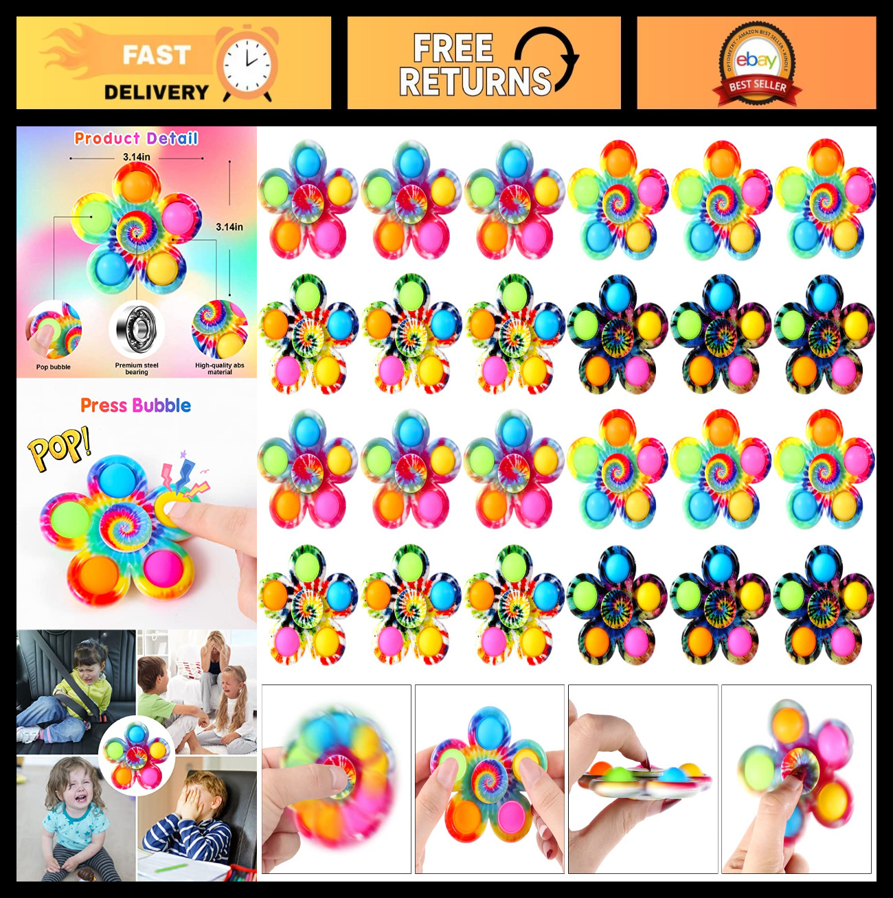 24 Pack Fidget Spinners for Kids & Adults, Sensory Toys, Classroom Prizes, Goodi