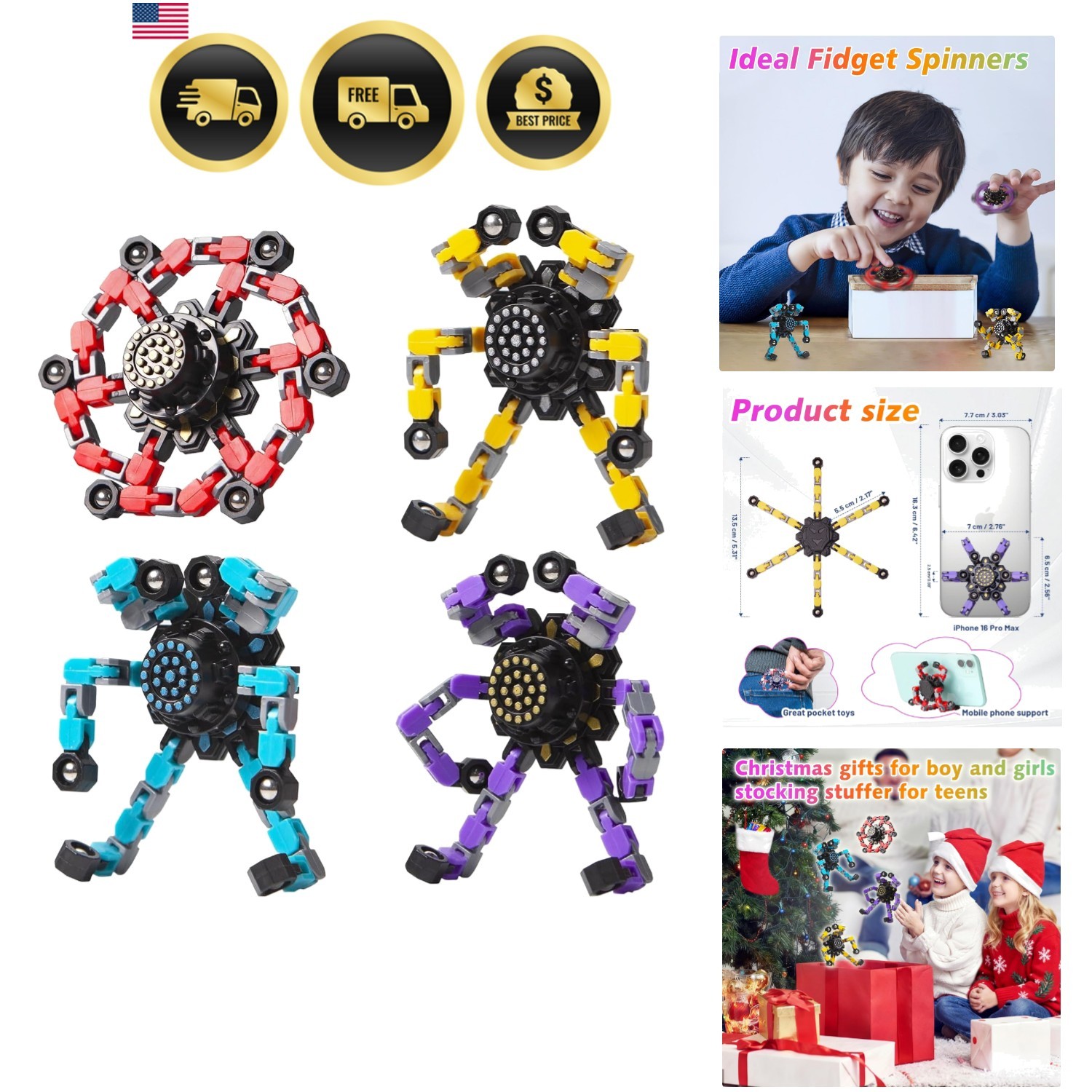 Fidget Spinner Toys 4 Pack Stress Relief Sensory Toys for Kids Adults Gyros