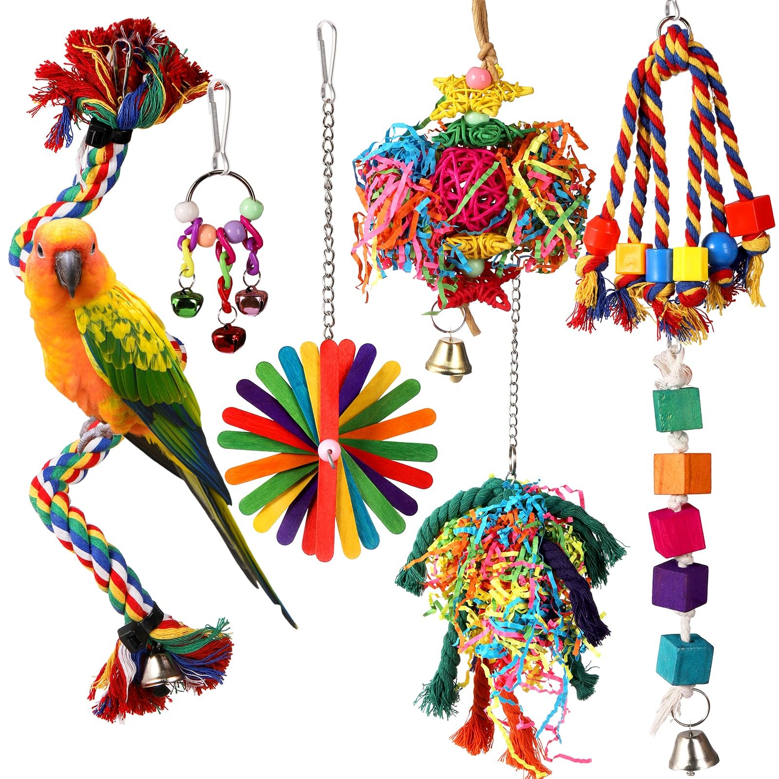 7PC Bird Chewing Toys Colorful Wood Parrot Swing for Parakeet Conure