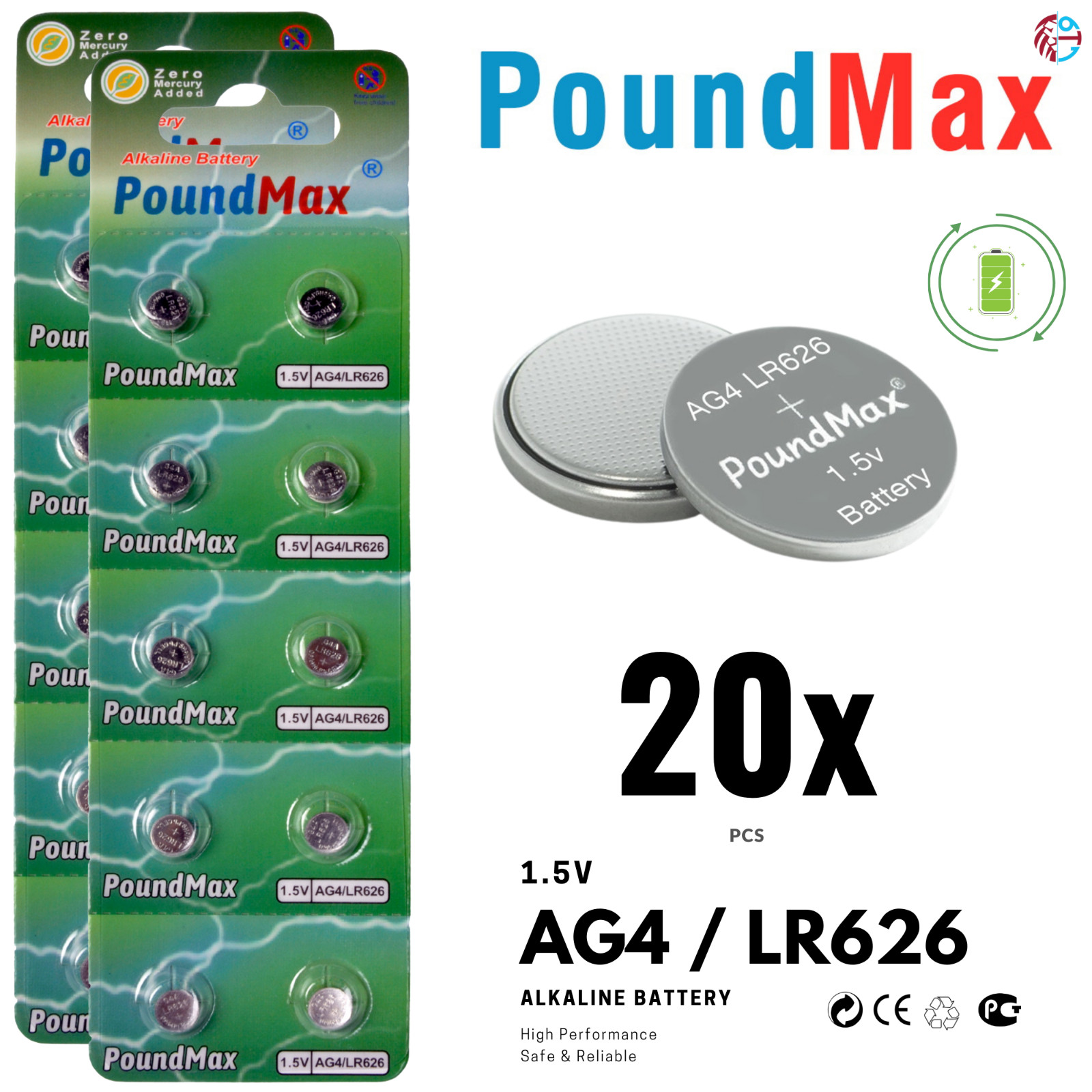 PoundMax AG4 LR626 Batteries 1.5v Alkaline Button Cell Battery – 20 Count
