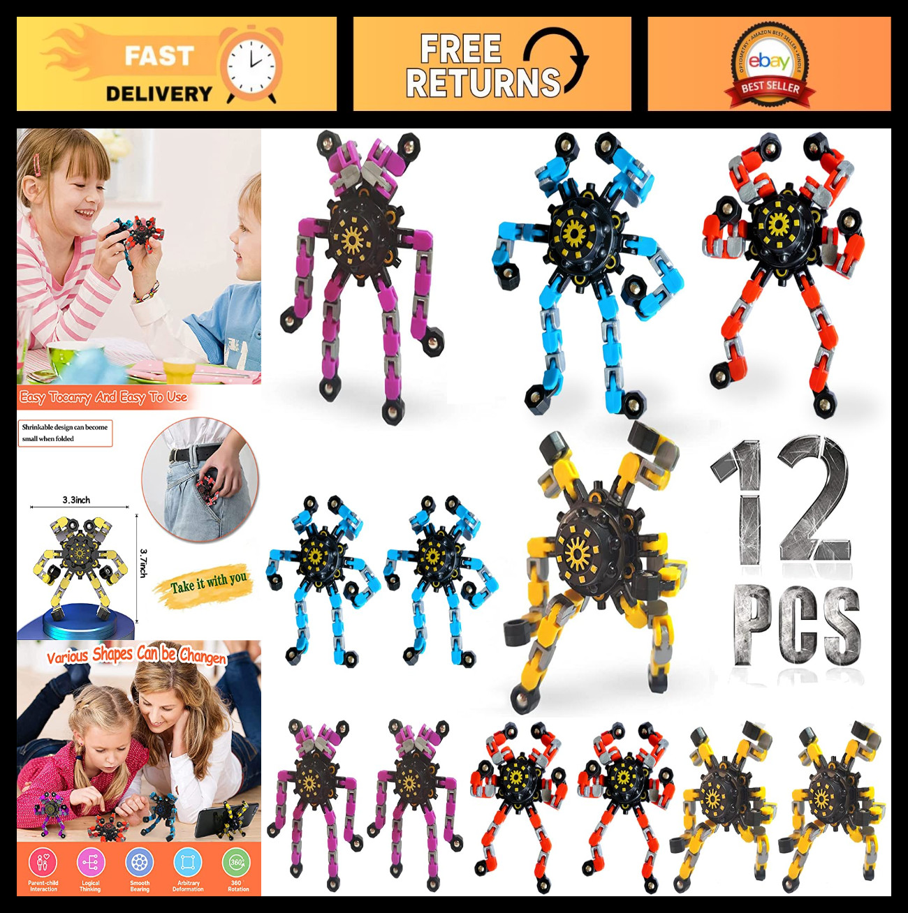12 Pack Sensory Fidget Toys – Deformable Chain Spinners, Stress Relief Gyro, Par