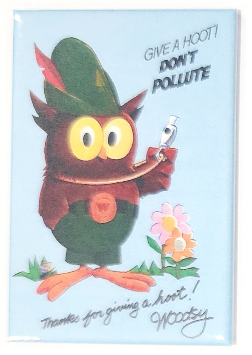 Give A Hoot 2″x3″ MAGNET Refrigerator Locker Dont Pollute Owl Fire Vintage Retro