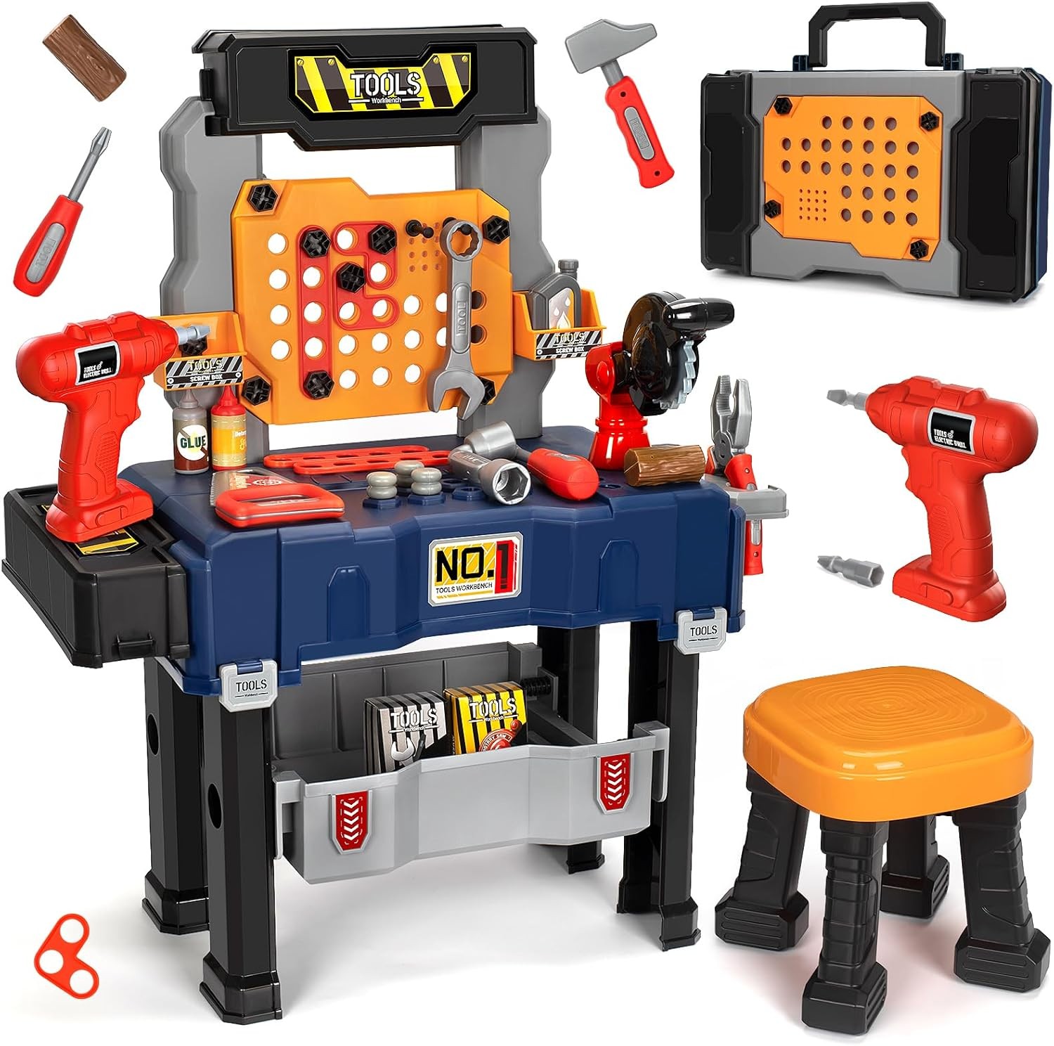Kids Tool Bench Set W/ Electric Drill & Chair,Construction Workbench Toys