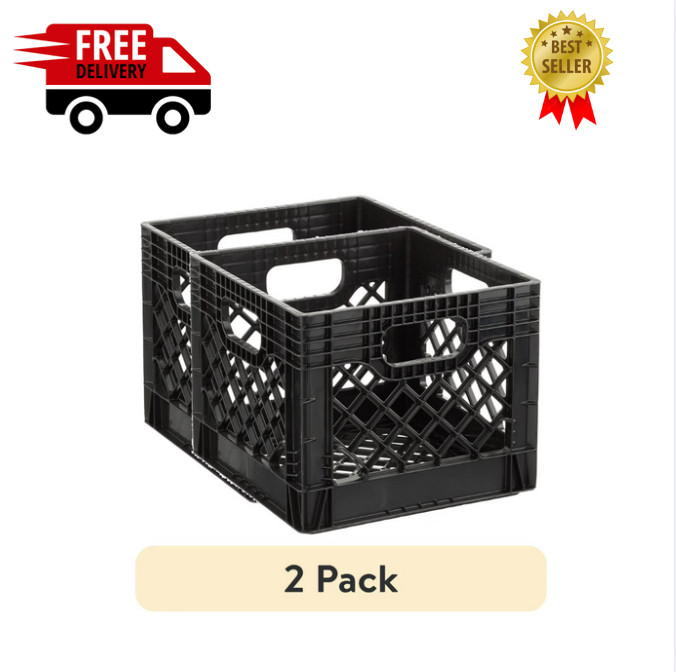 16QT Plastic Heavy-Duty Plastic Square Milk Crate Black ( 2 PACK )