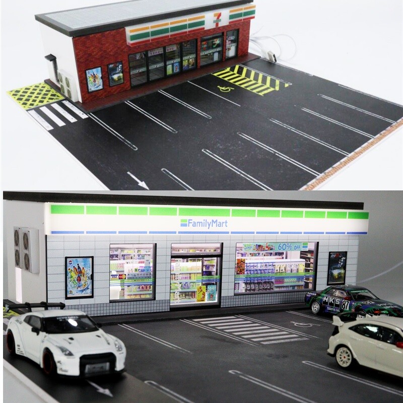 G-FANS 1:64 Dioramas with LED Light 7-11 /FamilyMart Stores and parking lots