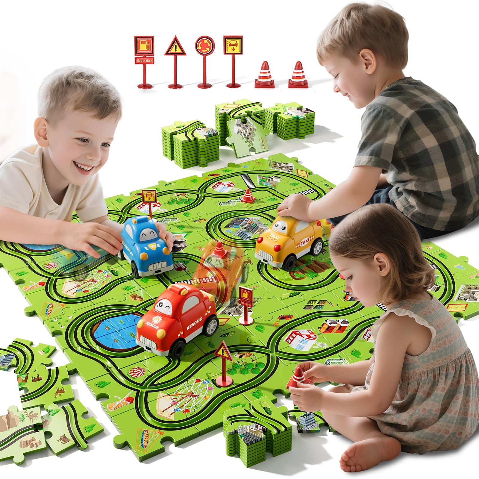 64-Piece Puzzle Race Car Track Set for Toddlers 1-3 | City-Themed Tracks, 3 C…