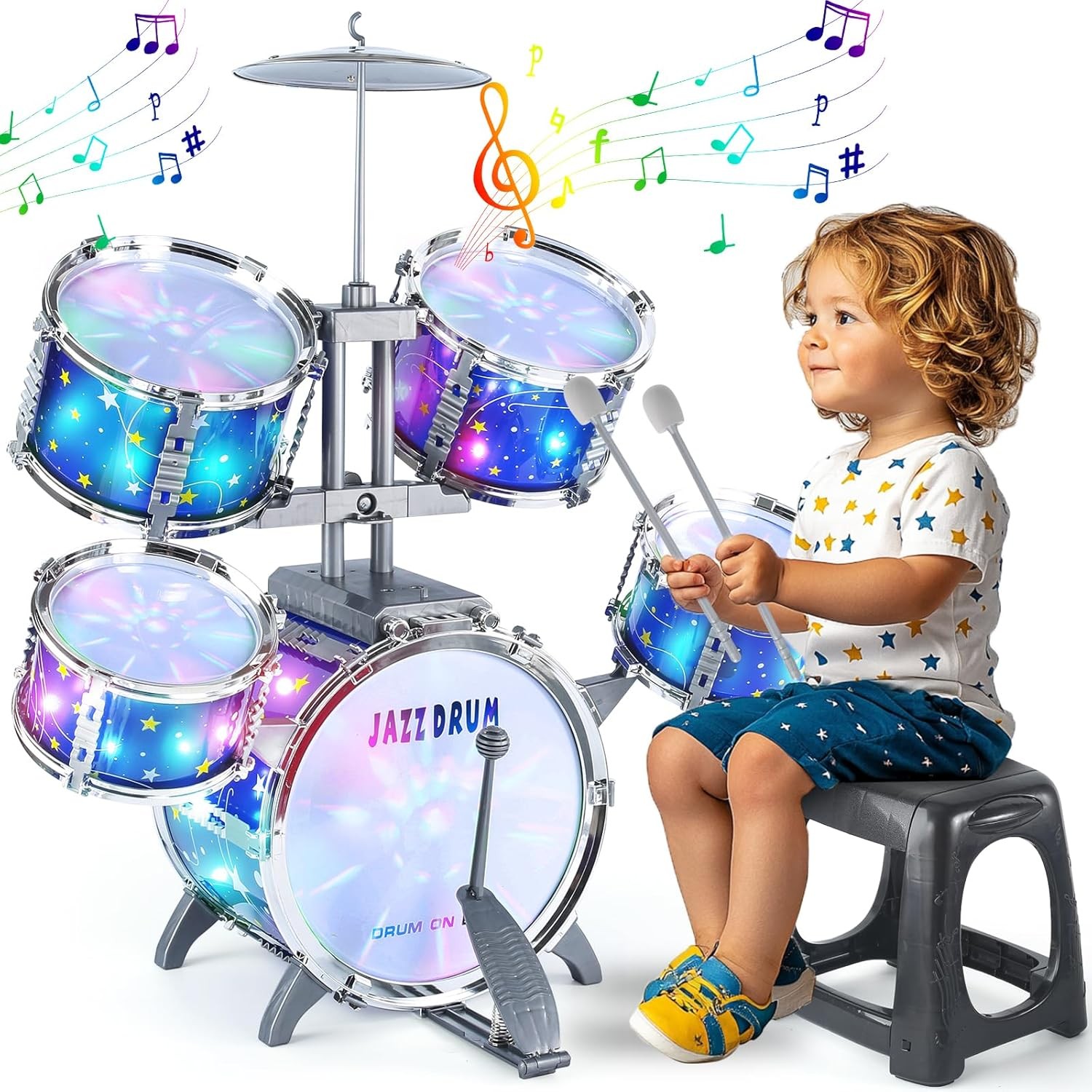 Upgraded Kids Drum Set for Toddlers 1-3, Kids Jazz Drum Ages 3-5, Star Light up