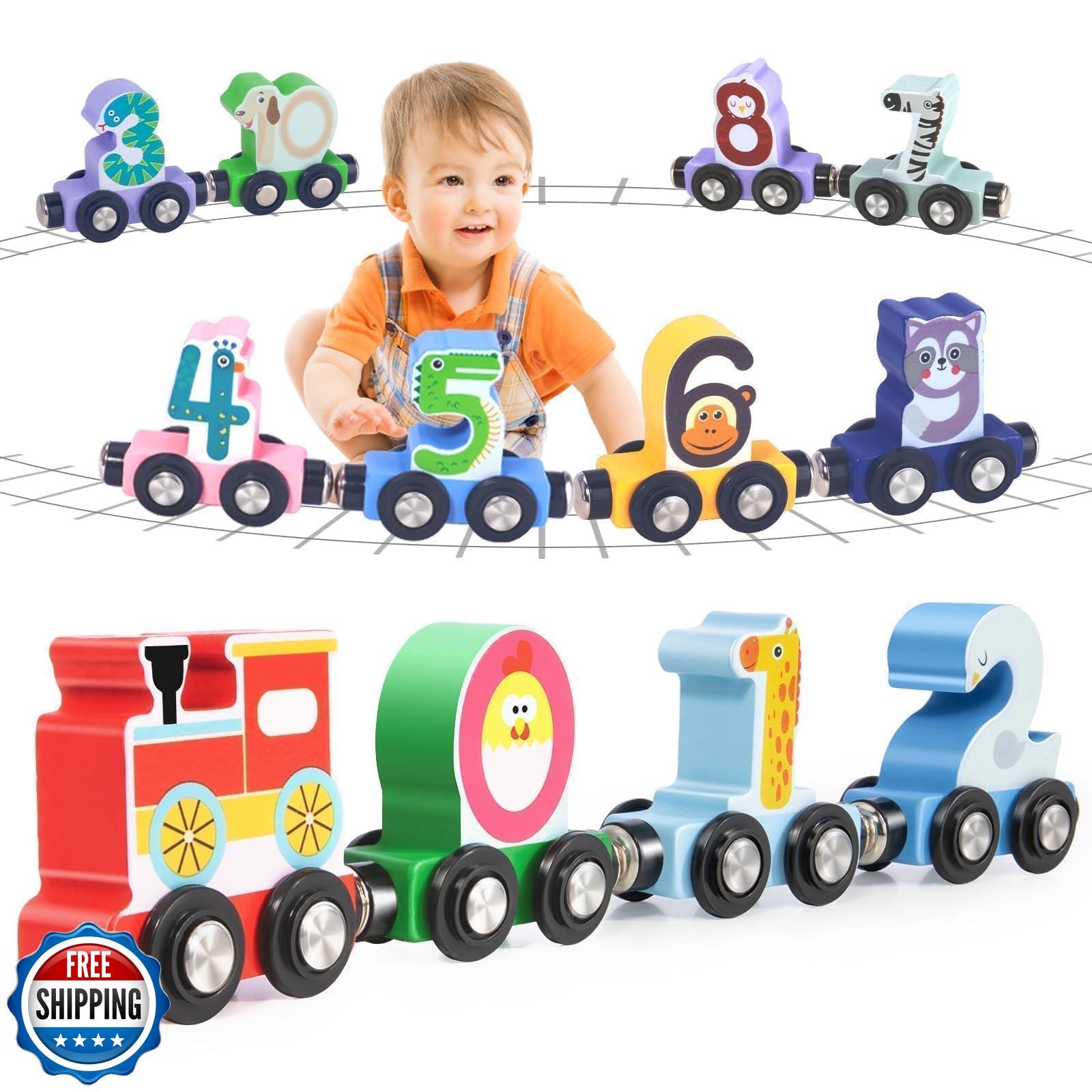Lauon Toys for Toddlers, 12pc Wooden Magnetic Train Track Set with Animal and