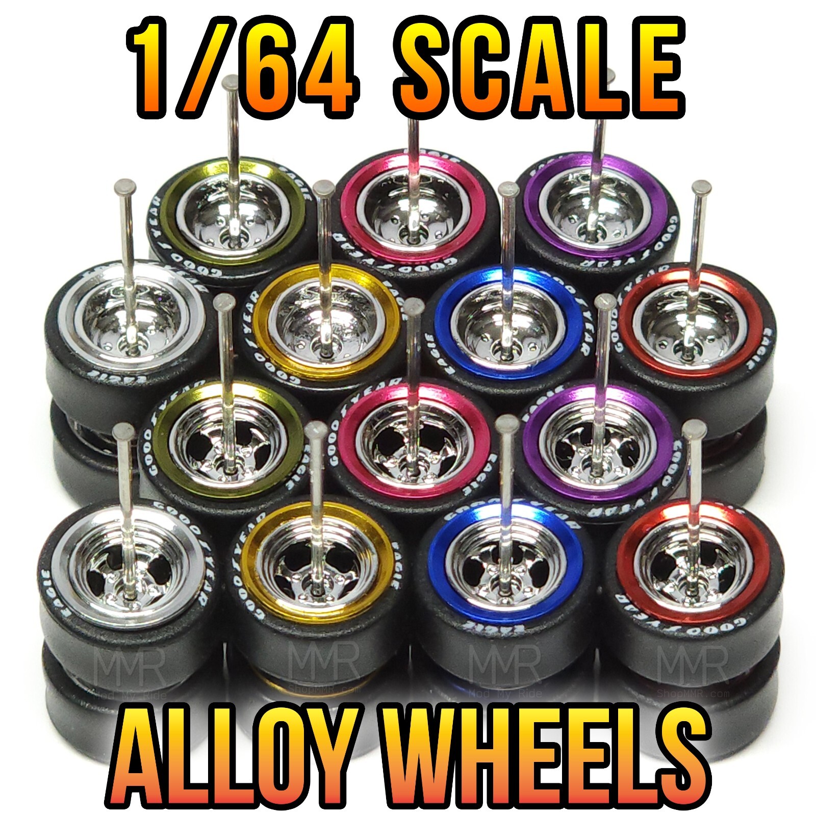 1/64 Scale ALLOY 0 5 SPOKE CHROME Real Rider Wheels Rims Tires Set for Hot