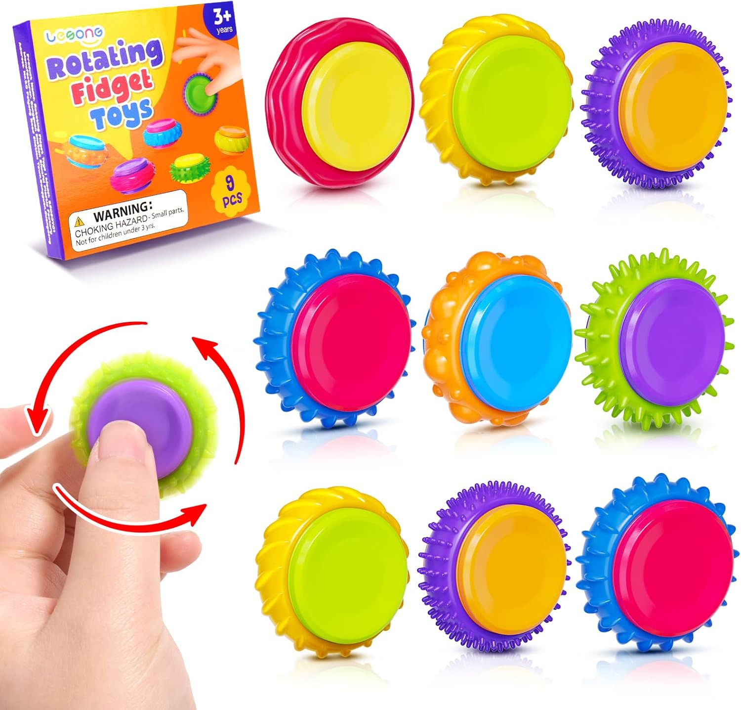 Fidget Sensory Toys for Kids: 9 Pack Quiet Textured Finger Spinner Toys – Sensor