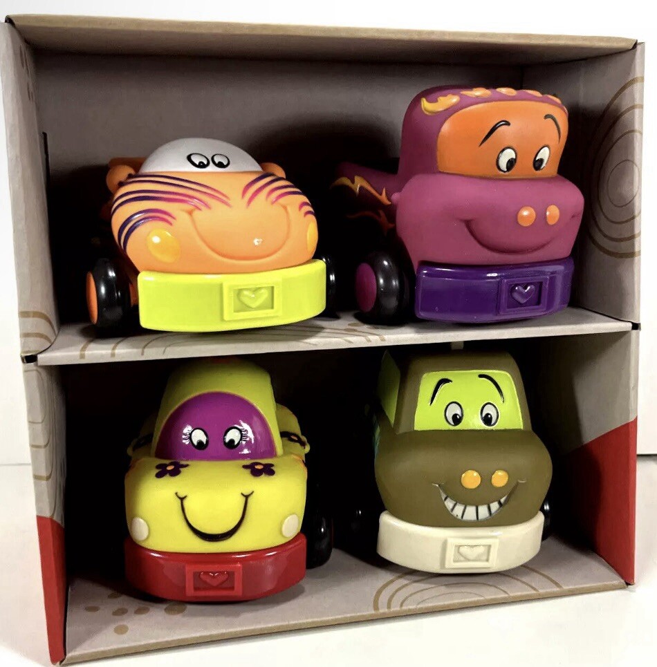 NEW B. Toys Wheeee-ls! PULL BACK TOY CARS 4Pc SET Soft Plastic Chunky Vehicles