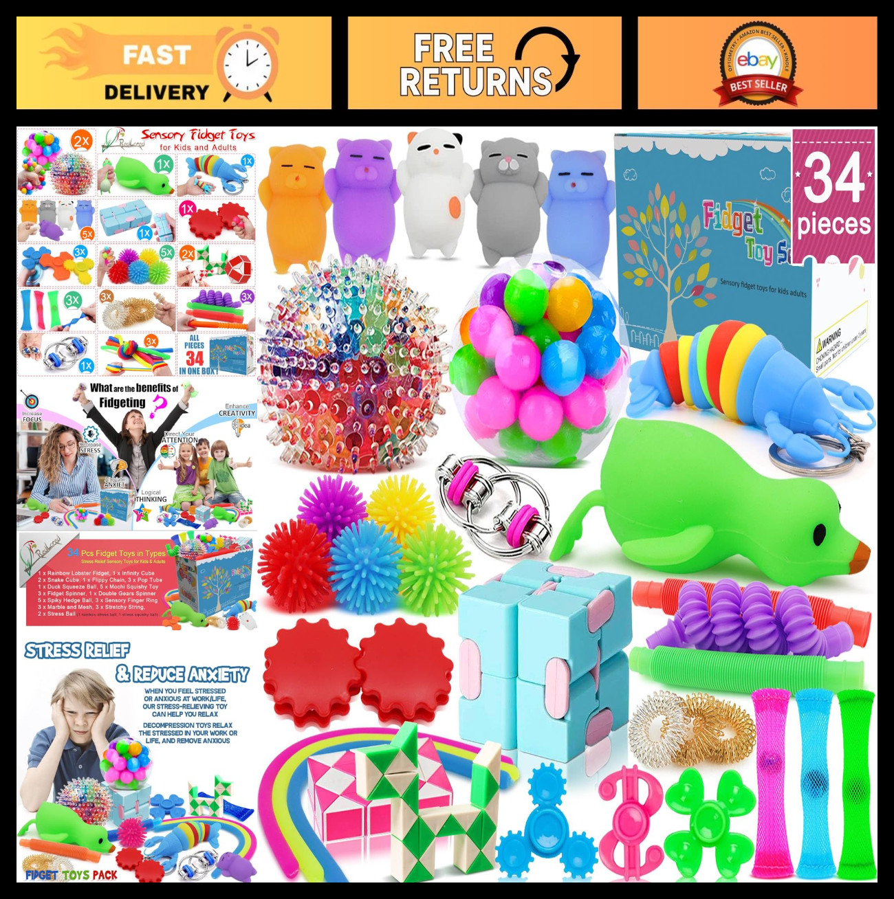 34 Pcs Fidget Toys Set – Stress Relief Sensory Toys for Kids & Adults, ADHD Anxi