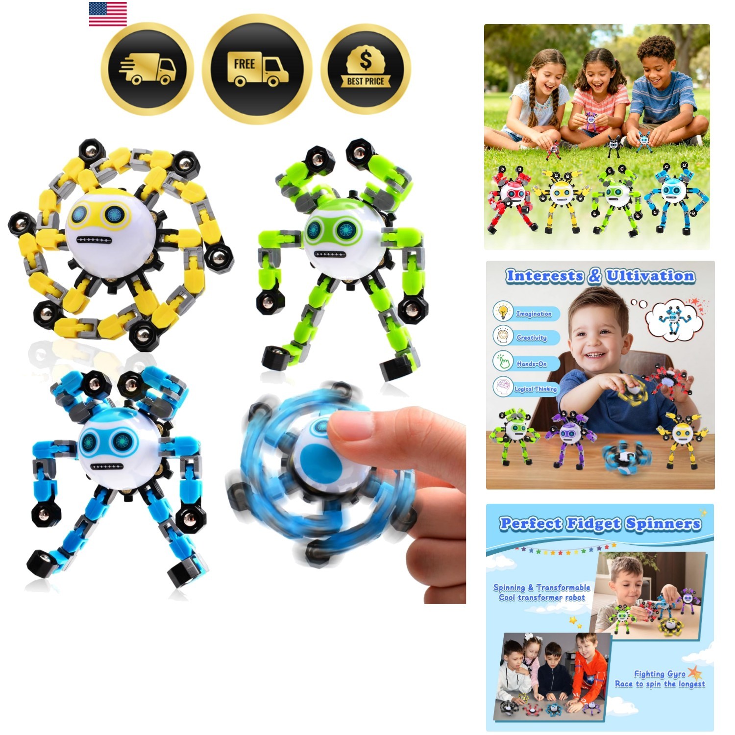 3 PCS Transformable Fidget Spinners Toys for Kids and Adults Stress Relief Au…