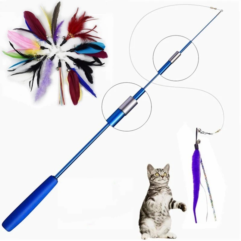 Kitten Cat Toy Mouse On A Rod Teaser Bell Feather Play Pet Dangler Wand NEW UK
