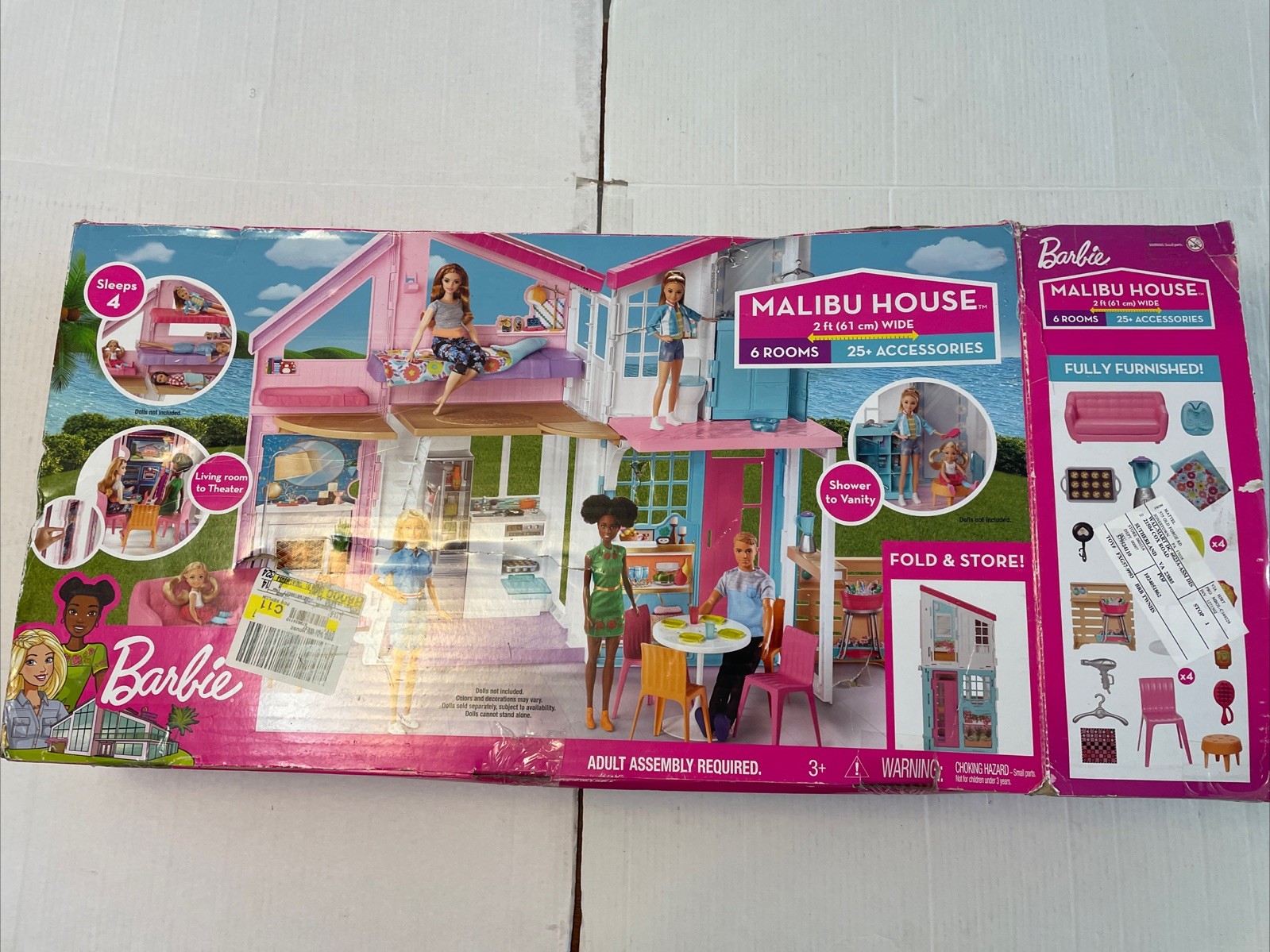 BARBIE DOLL HOUSE PLAYSET MALIBU HOUSE W/ ACCS, FURNITURE *DISTRESSED PKG,C PICS