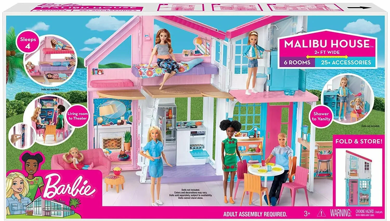 BARBIE MALIBU BEACH HOUSE-2FT. WIDE-6 ROOMS-25+ ACCESSORIES NEW–Free Shipping