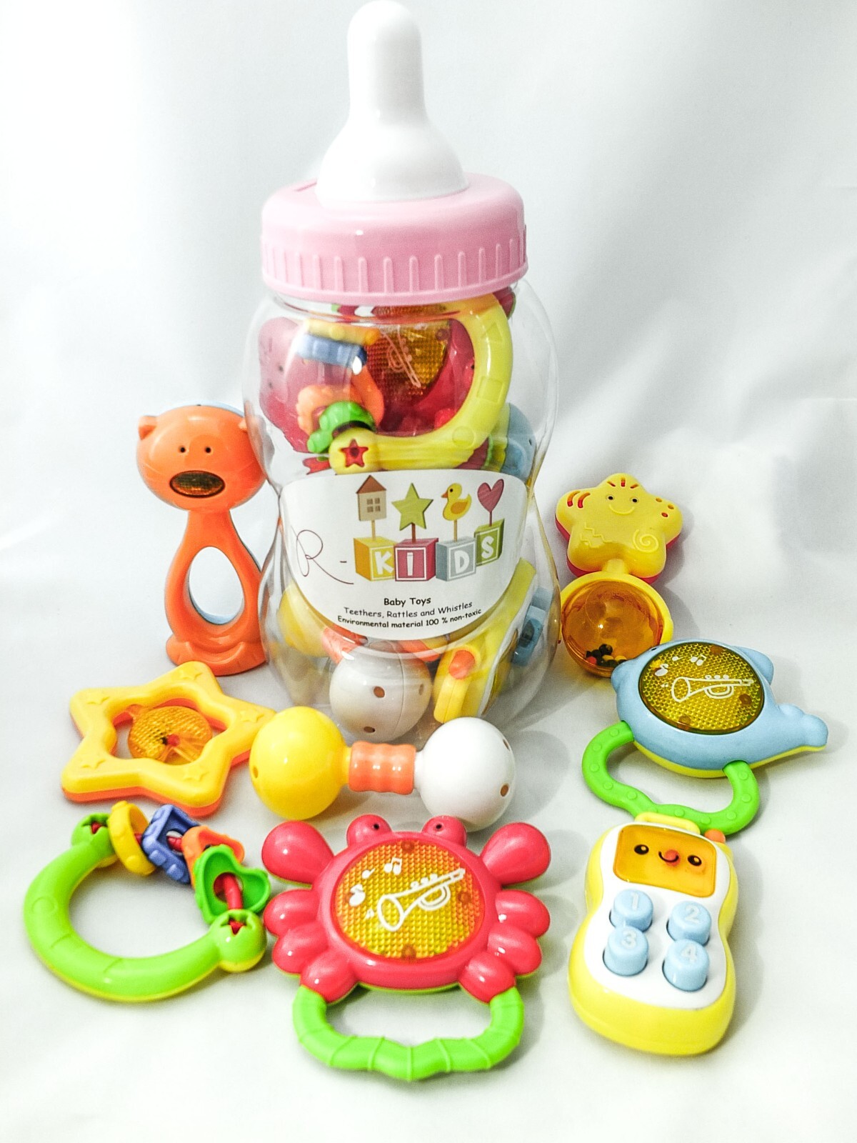 8 Pc Baby Rattles In Baby Bottle Container from R-Kids. Fun and Exciting Toys!