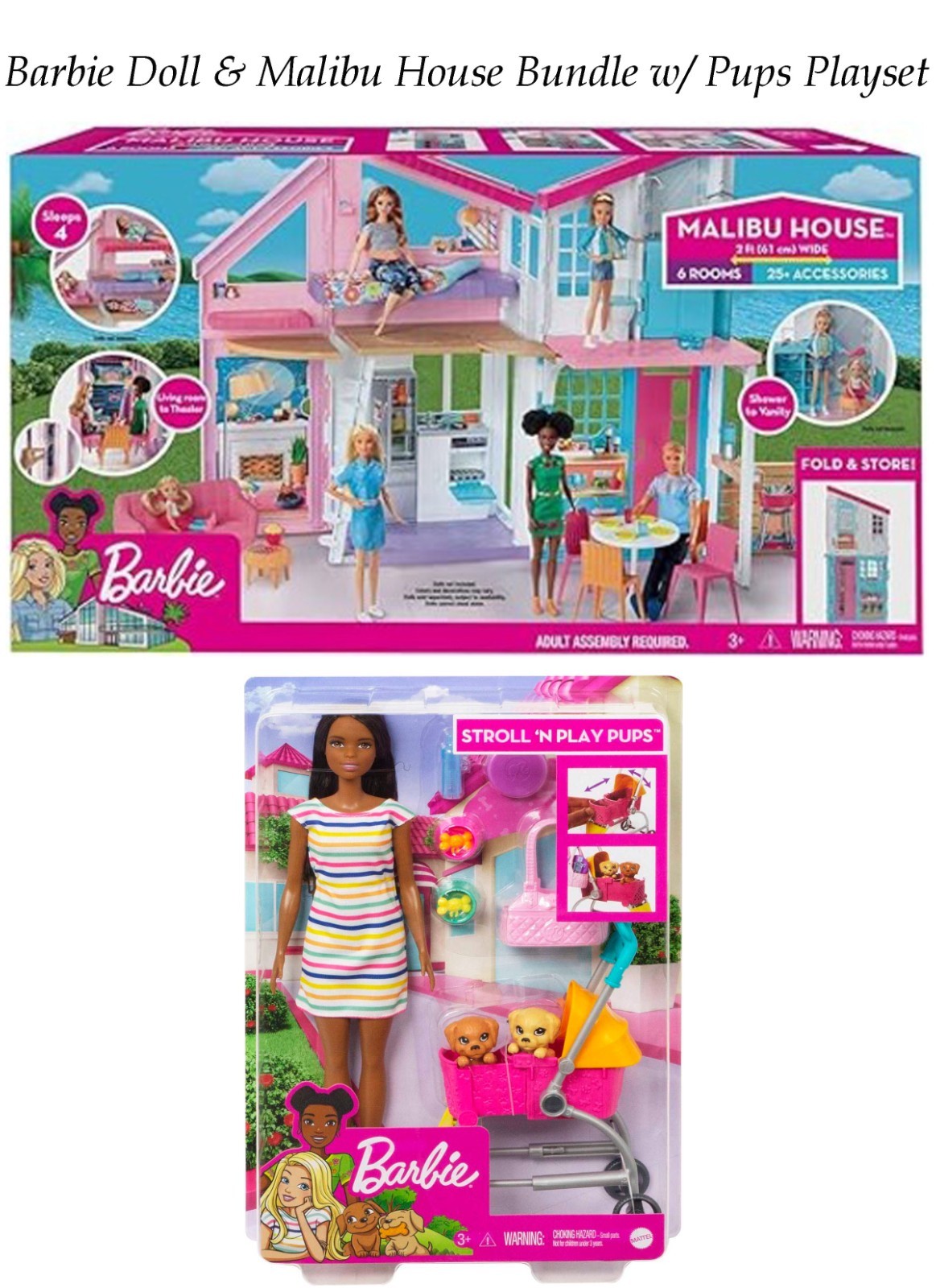 NEW Barbie Brunette Doll Malibu House Playset FXG57 Bundle Pups Dog Set