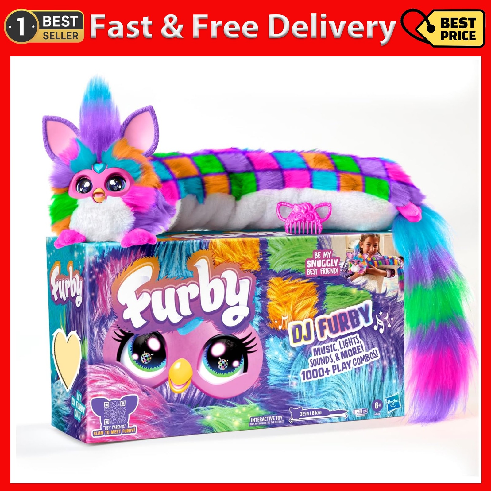 Furby DJ Neon Star Interactive Plush Toy 32″ Music Lights Talking Robot Gift