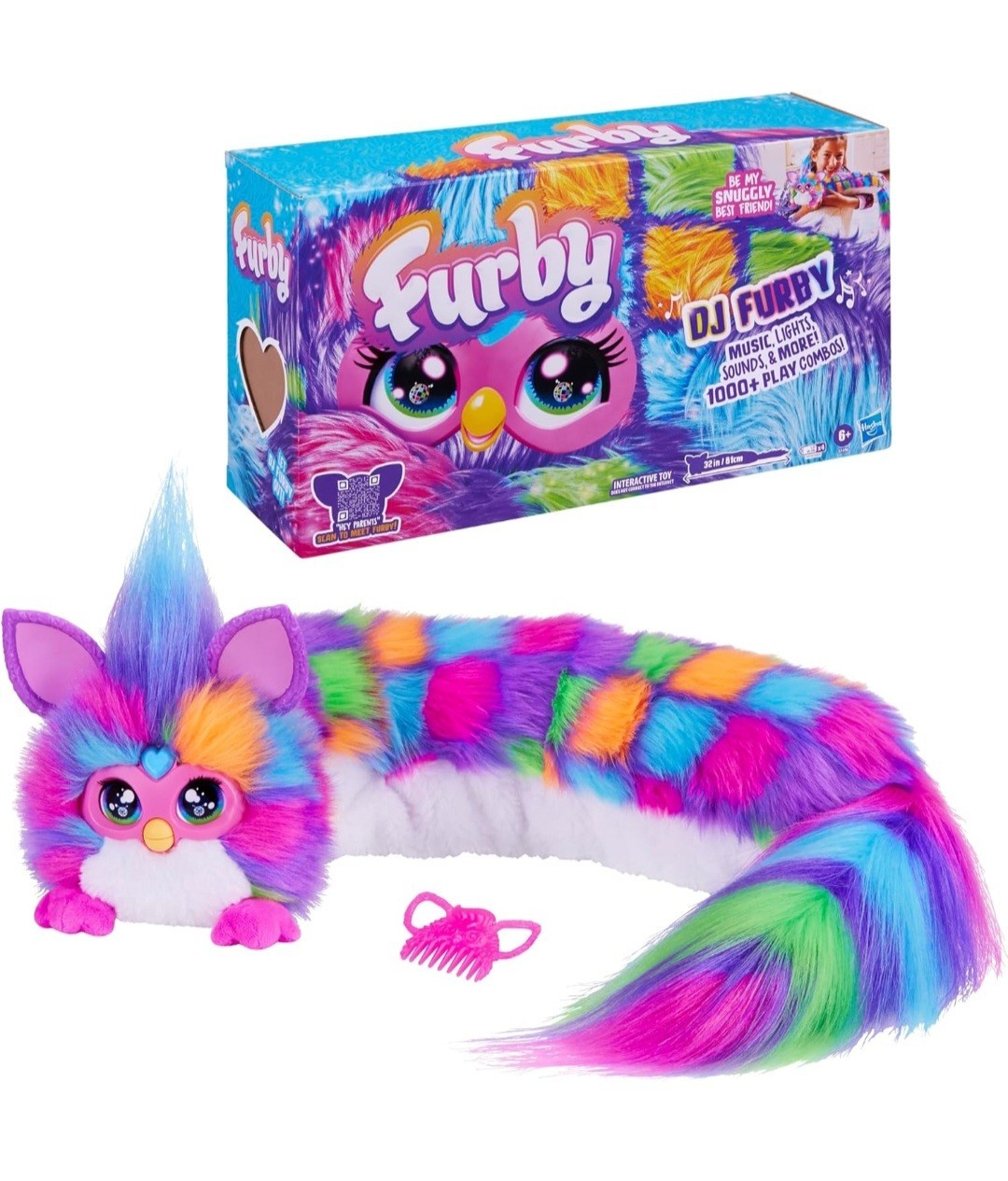 FURBY DJ Interactive Toy, Neon Star, Snuggly Electronic Plush, Music, 32 in Long