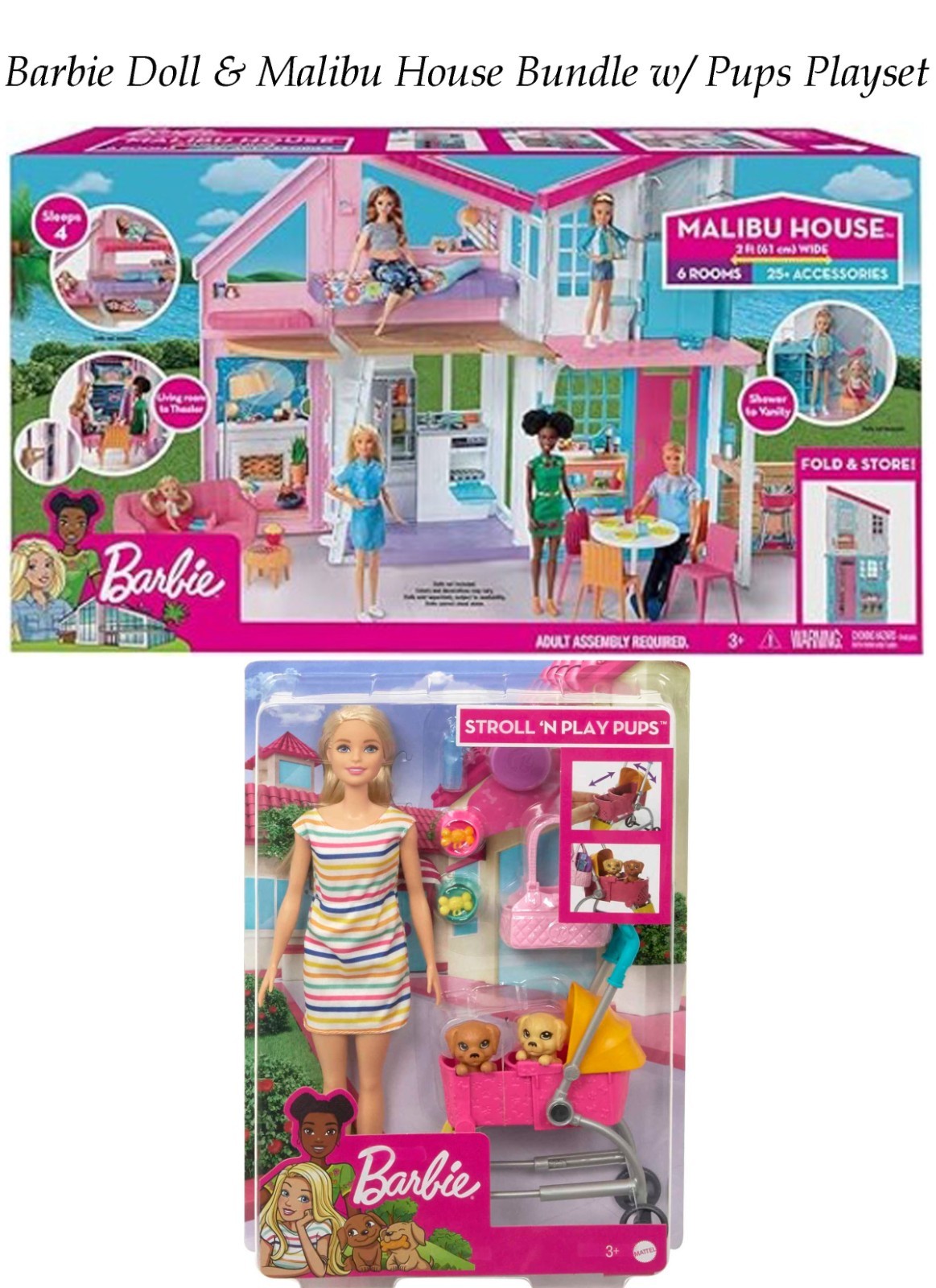NEW Barbie Blonde Doll Malibu House Playset FXG57 Bundle Pups Dog Set