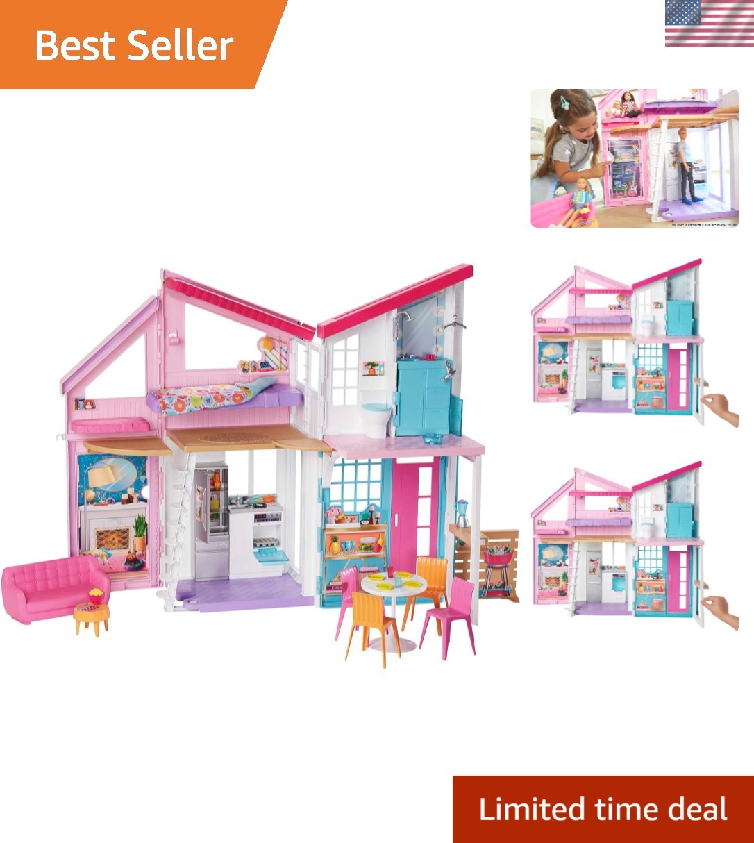 Barbie Malibu Dollhouse Playset with 25+ Transforming Accessories, 2 Stories