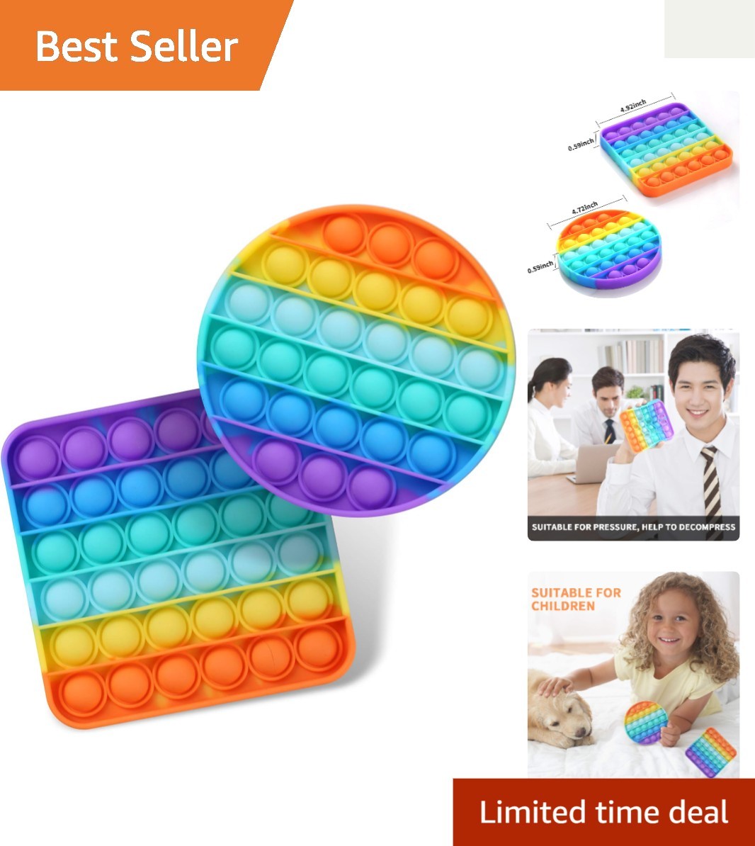 2 Pack Rainbow Fidget Sensory Toys – Round & Square Shapes for Stress Relief