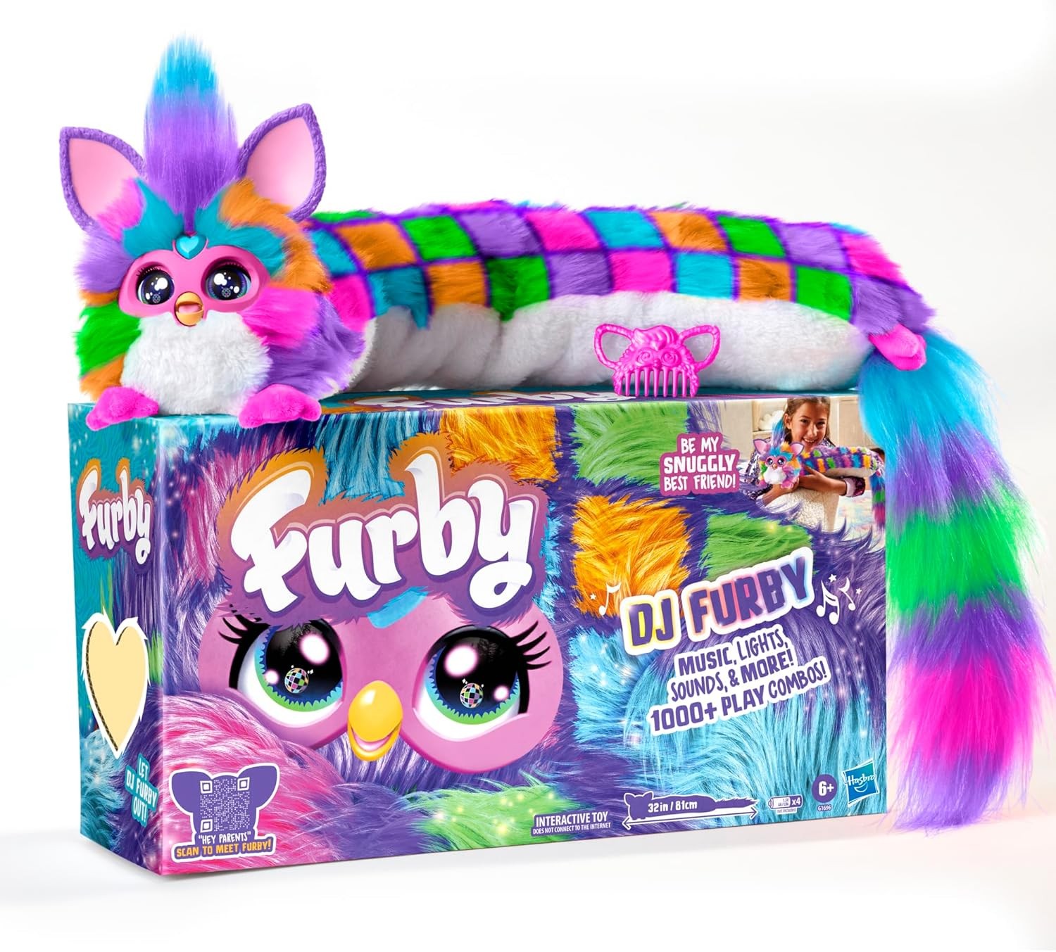 FURBY DJ Interactive Toy, Neon Star, Snuggly Electronic Plush, Music, Lights, Mo