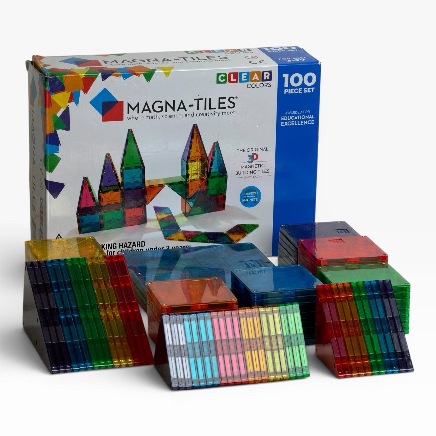 MAGNA-TILES 100 Piece Set Magnetic Building Tiles Clear Colors 3D Complete InBox