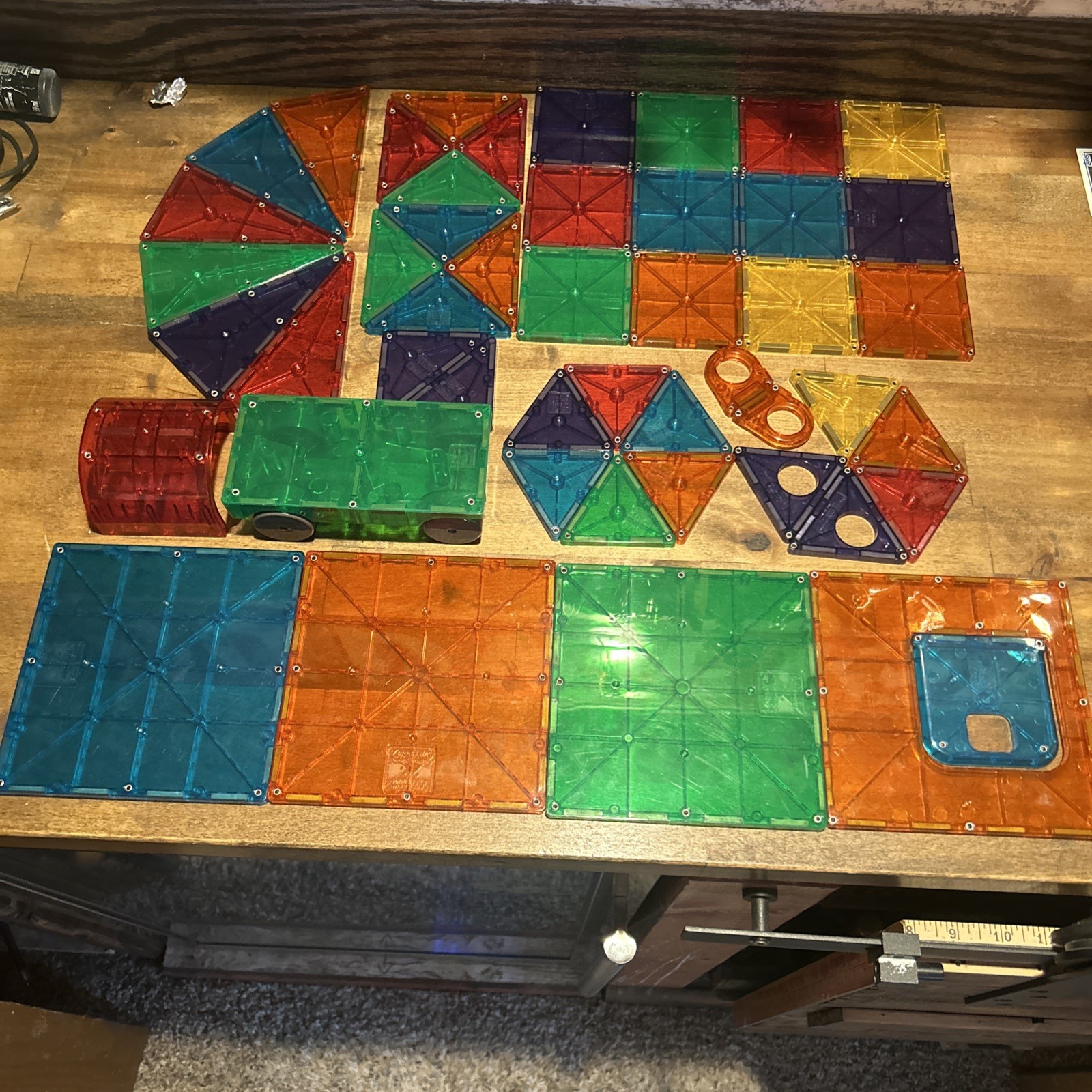 Lot of 48 Magna-Tiles Magnetic Building Tiles Assorted Shapes Colors + Car Base