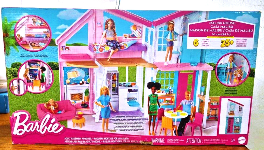 New Barbie Malibu Doll House Playset / 6 Rooms / 25+ Accessories / 2 ft wide
