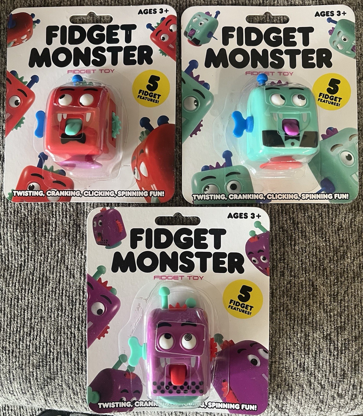 Three (3) Brand New FIDGET MONSTER Fidget Toys: Toy Twist Cranks Clicks Spins