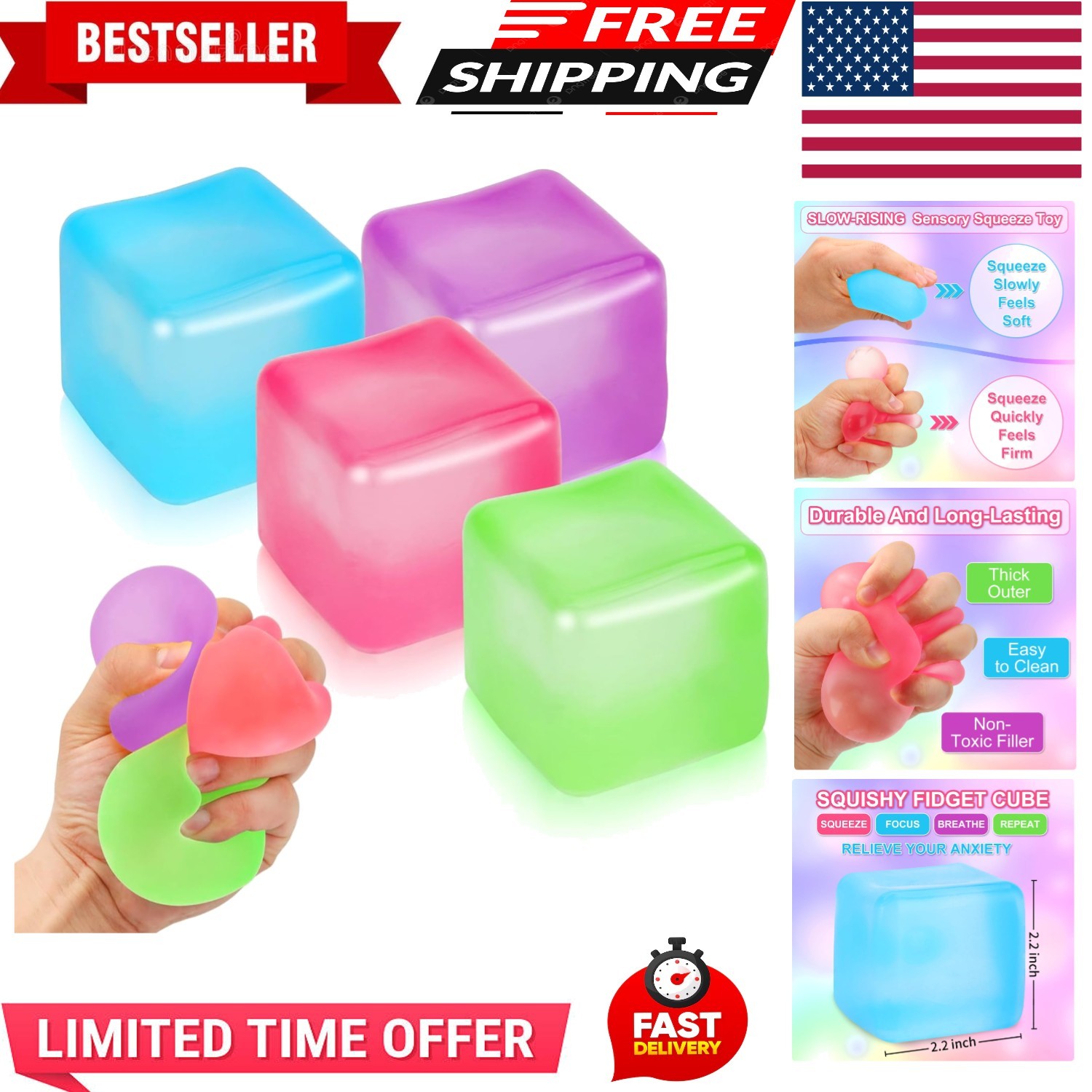 4 Pack Stress Cube Sensory Fidget Toys for Anxiety Stress Relief, Slow Rising…