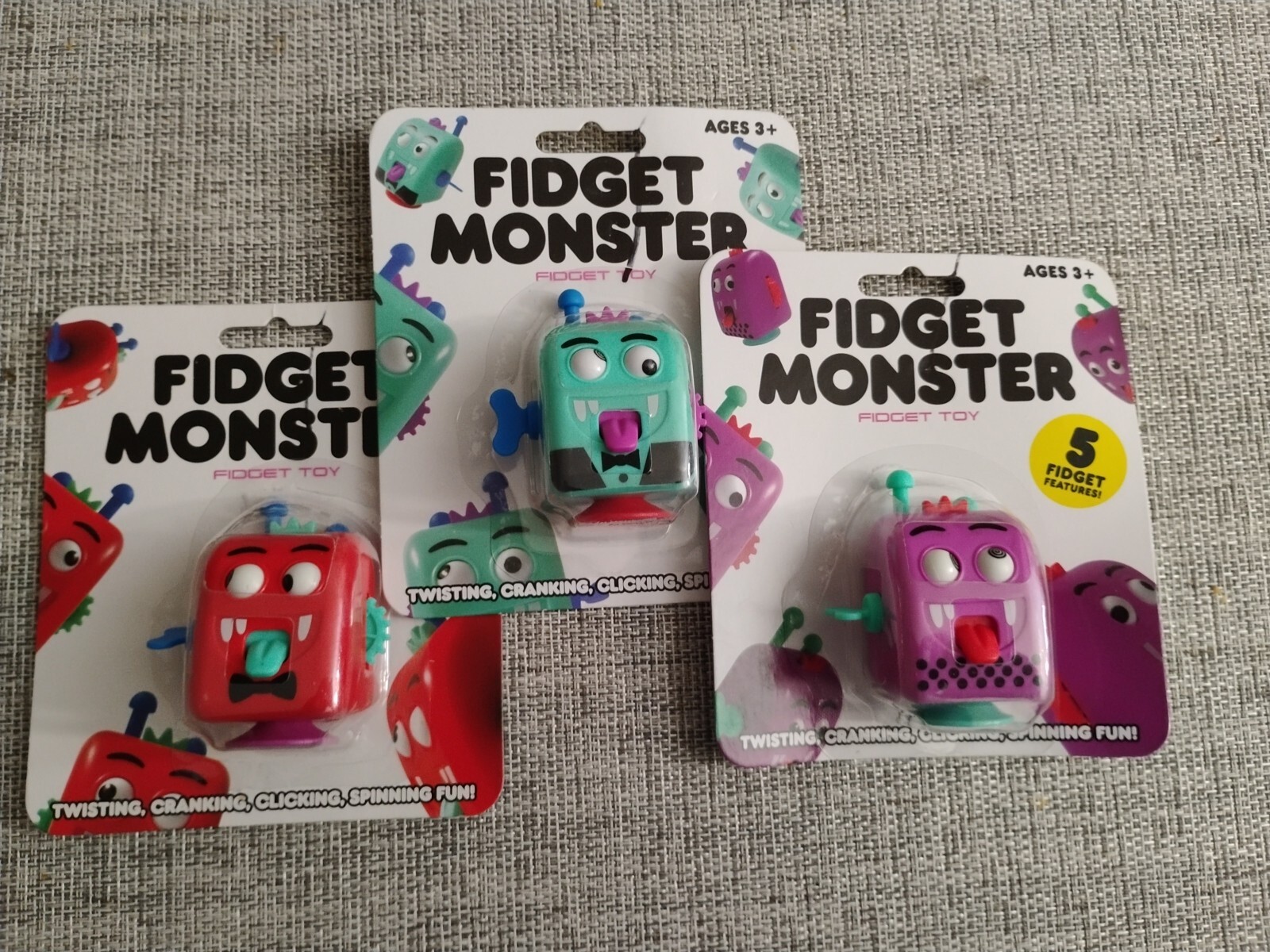 NEW Lot of 3 FIDGET MONSTERS Toys Twist Cranks Clicks Spins Reduce Stress