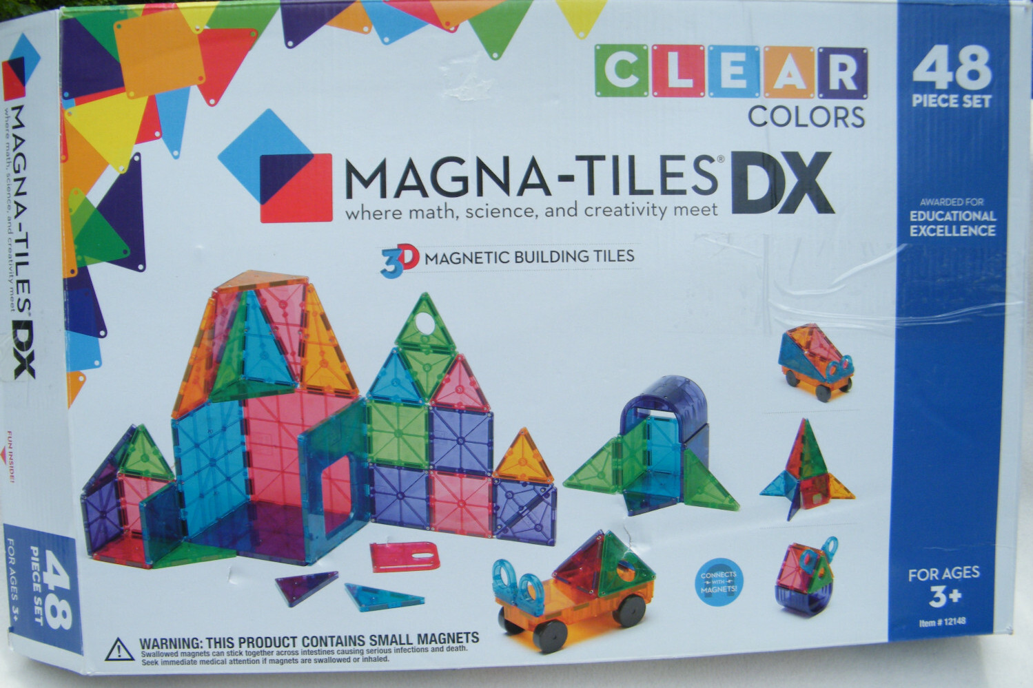 Magna-Tiles DX 48 pc Counted Clear Color Magnetic Building Tiles 12148, Worn Box