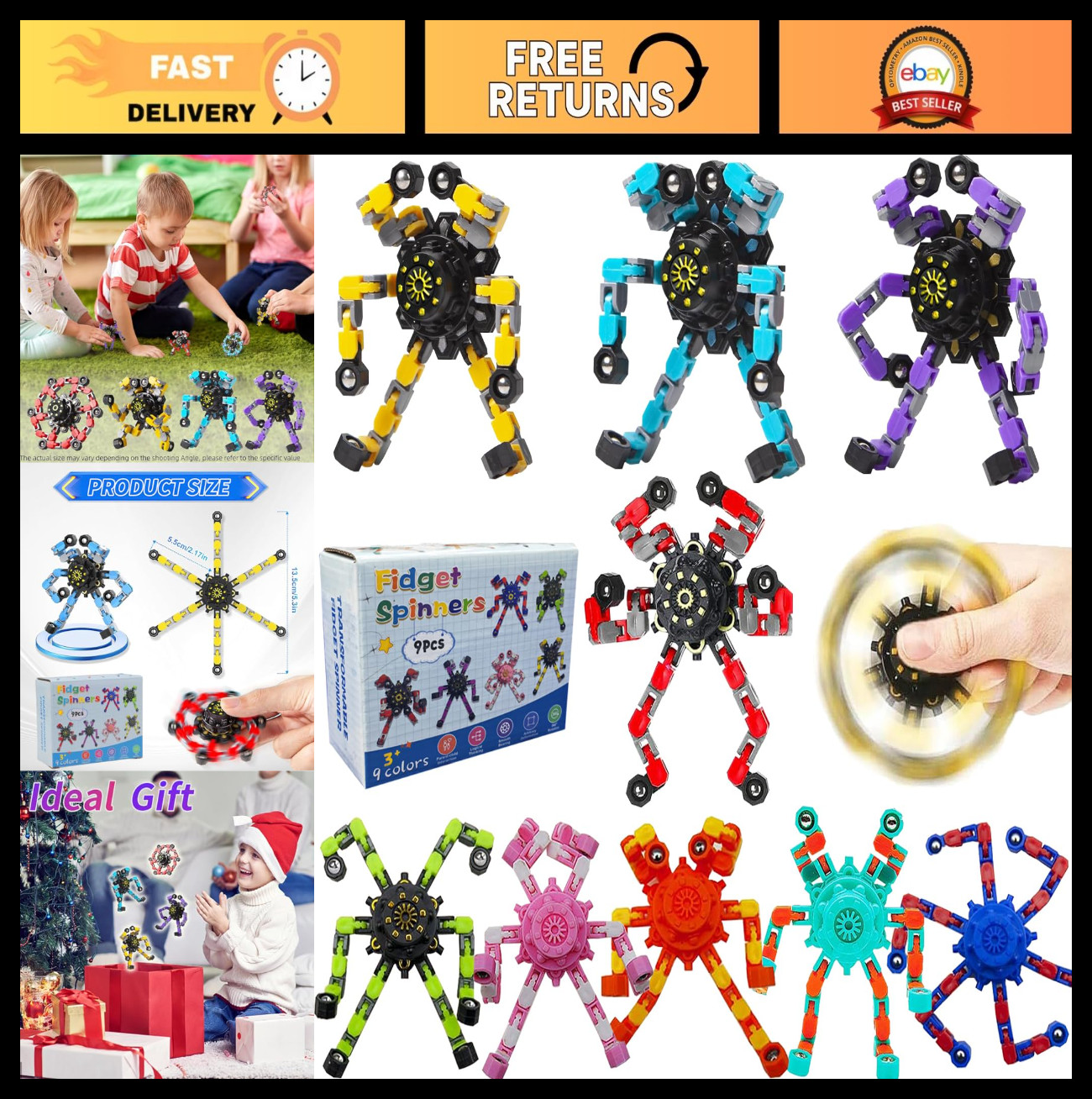 Transformable Fidget Spinners 9-Pack – Sensory Stress Relief Toys for Kids & Adu