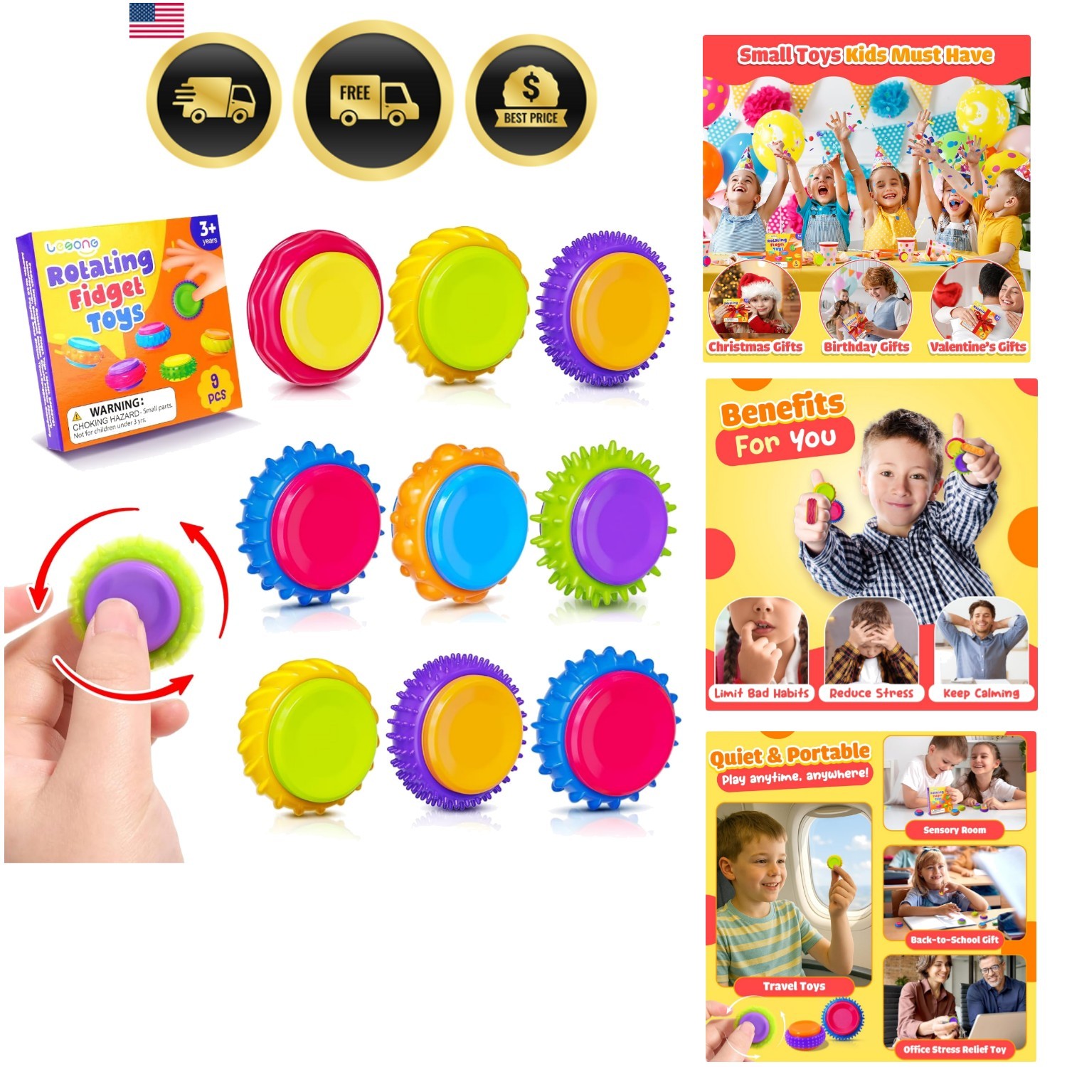 Fidget Sensory Toys for Kids: 9 Pack Quiet Textured Finger Spinner Toys – Sen…