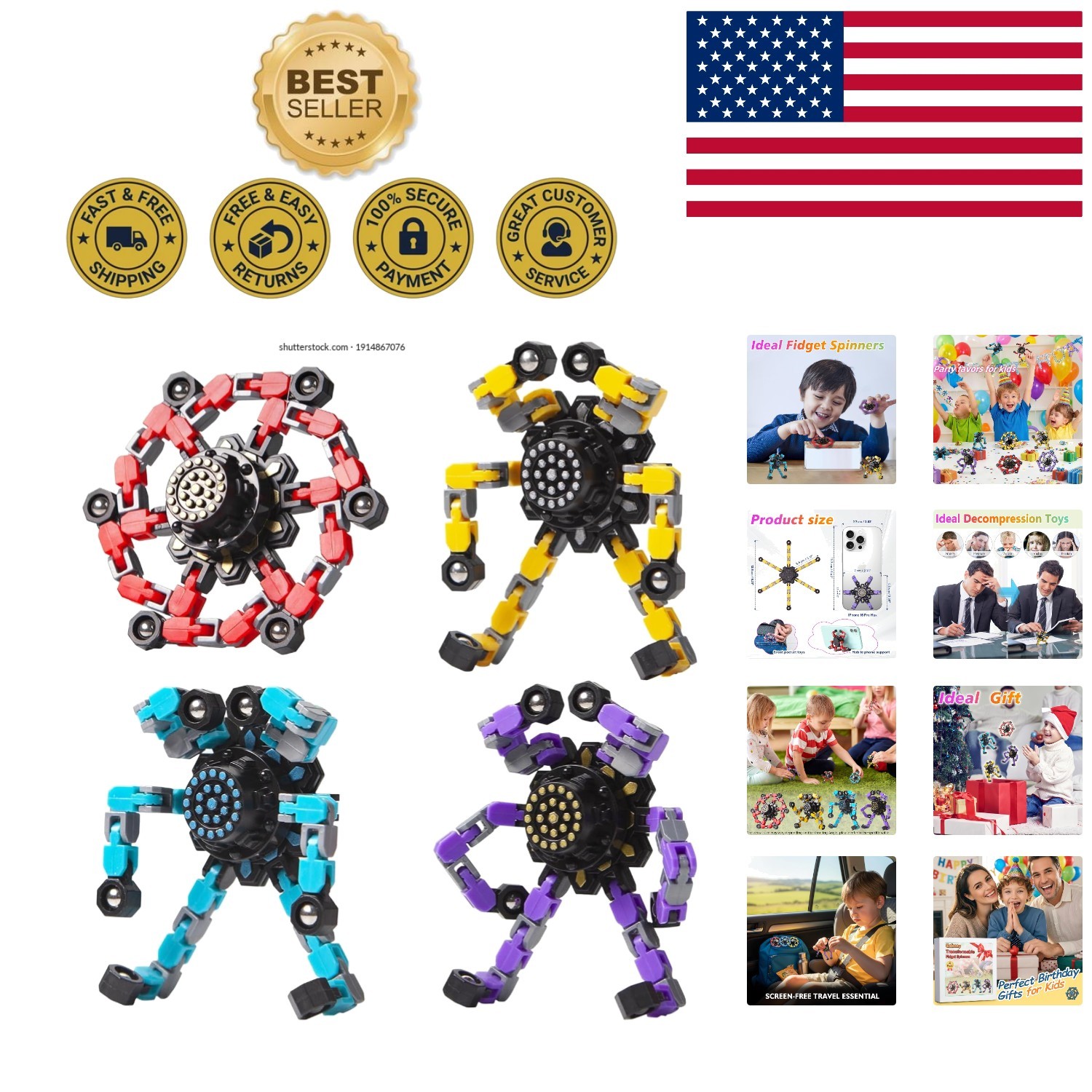 Transformable Fidget Spinner Set of 4 – Vibrant Colors for Stress Relief Fun!