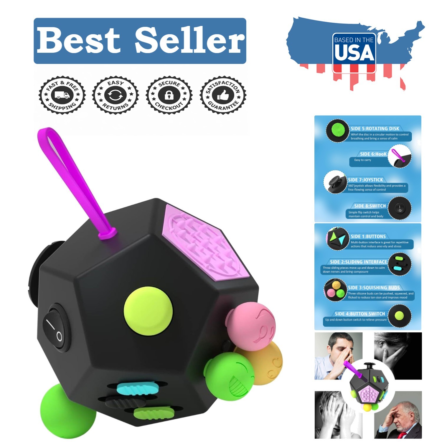 Multi-Purpose Fidget Cube: 12 Sides for Stress Relief and Sensory Exploration