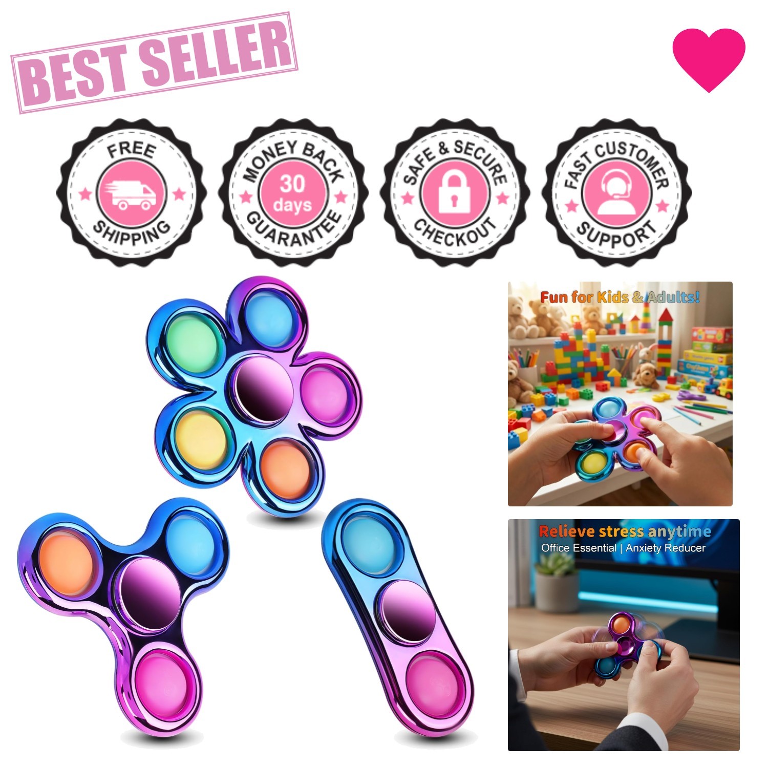 Colorful 3 Pack Fidget Spinners | Sensory Stress Relief Toys for All Ages