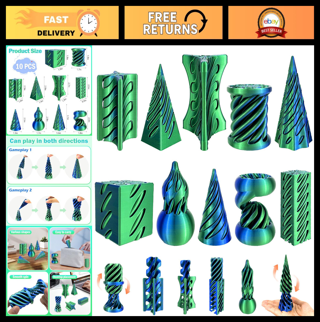 10 Pack 3D Printed Fidget Toys Set – Stress Relief Anxiety Toys, Magic Passthrou