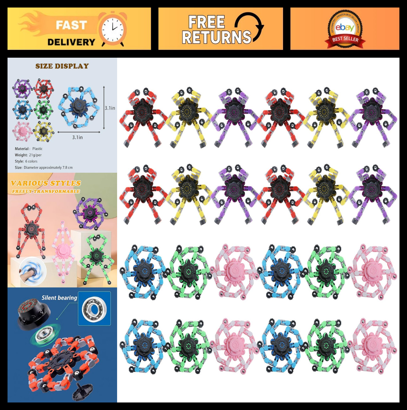 24Pcs Transformable Fidget Spinners – Deformable Stress Relief Toys, Party Favor