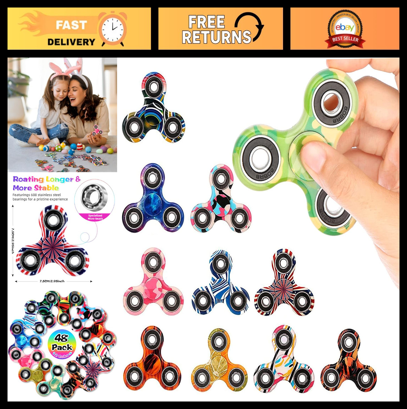 48 Pack Fidget Spinner Set – Stress Relief Toys, Party Favors, Classroom Prizes,